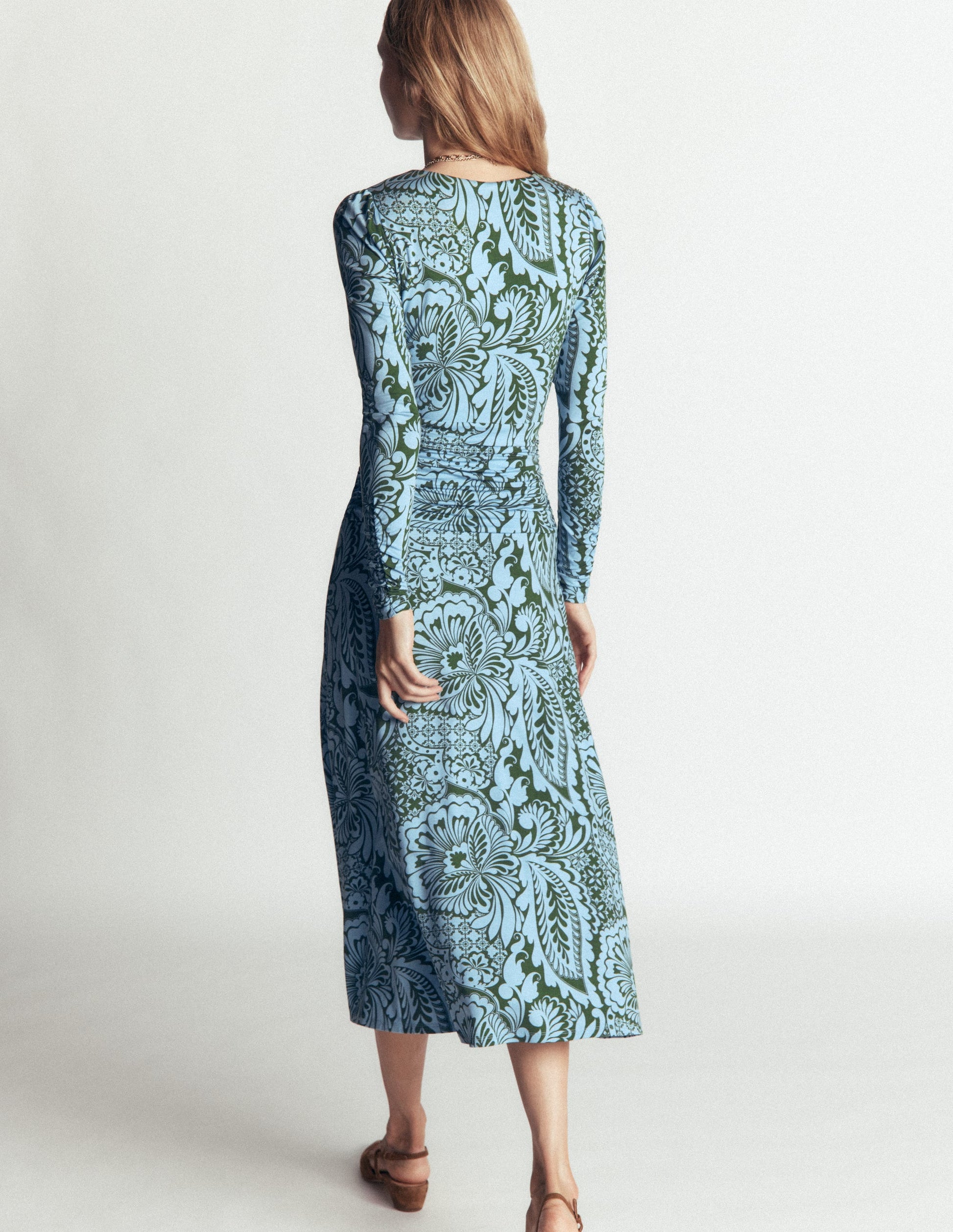 Mya Ruched Jersey Midi Dress-Forest Green, Botanical Medley-4