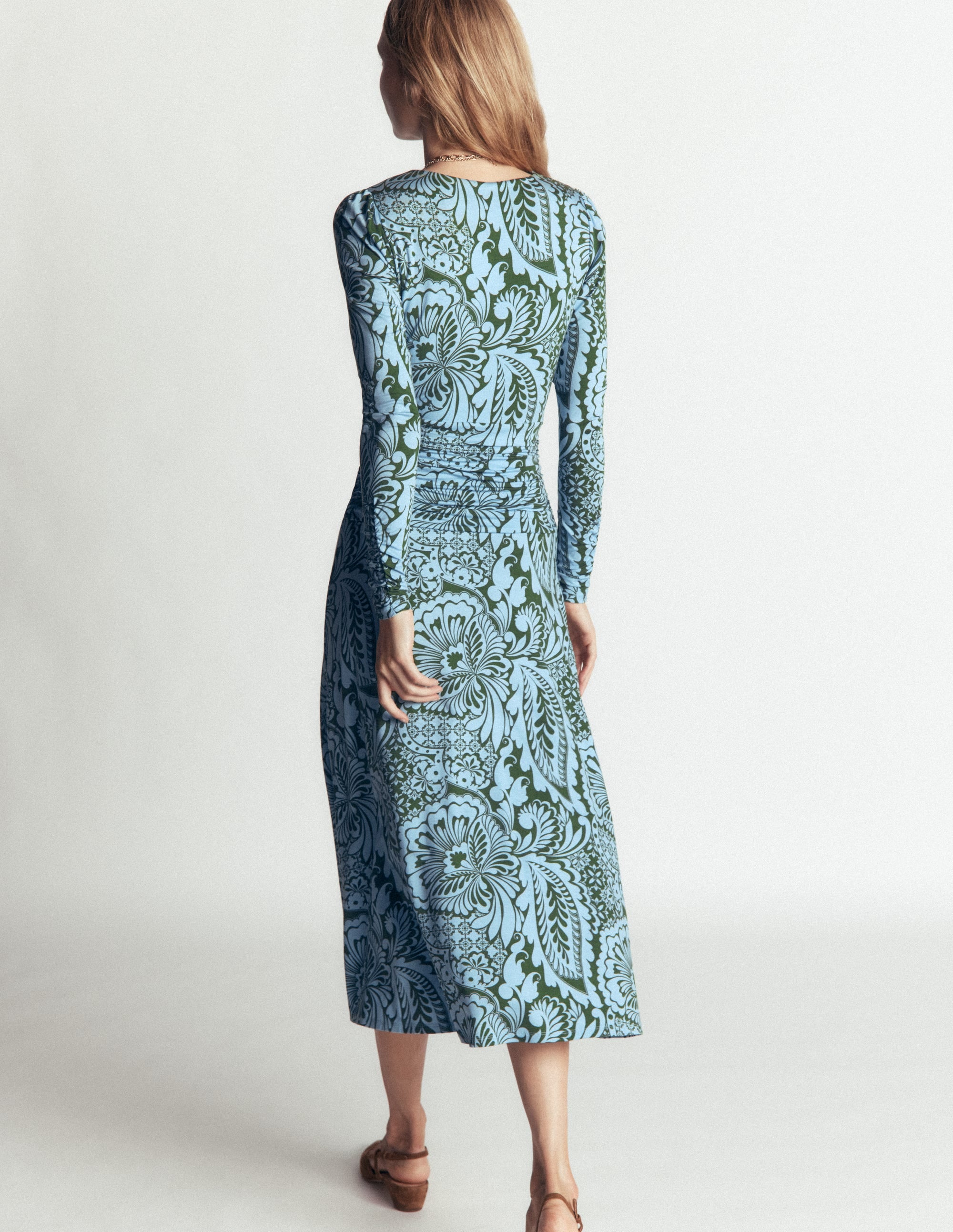 Mya Ruched Jersey Midi Dress-Forest Green, Botanical Medley - Image 4