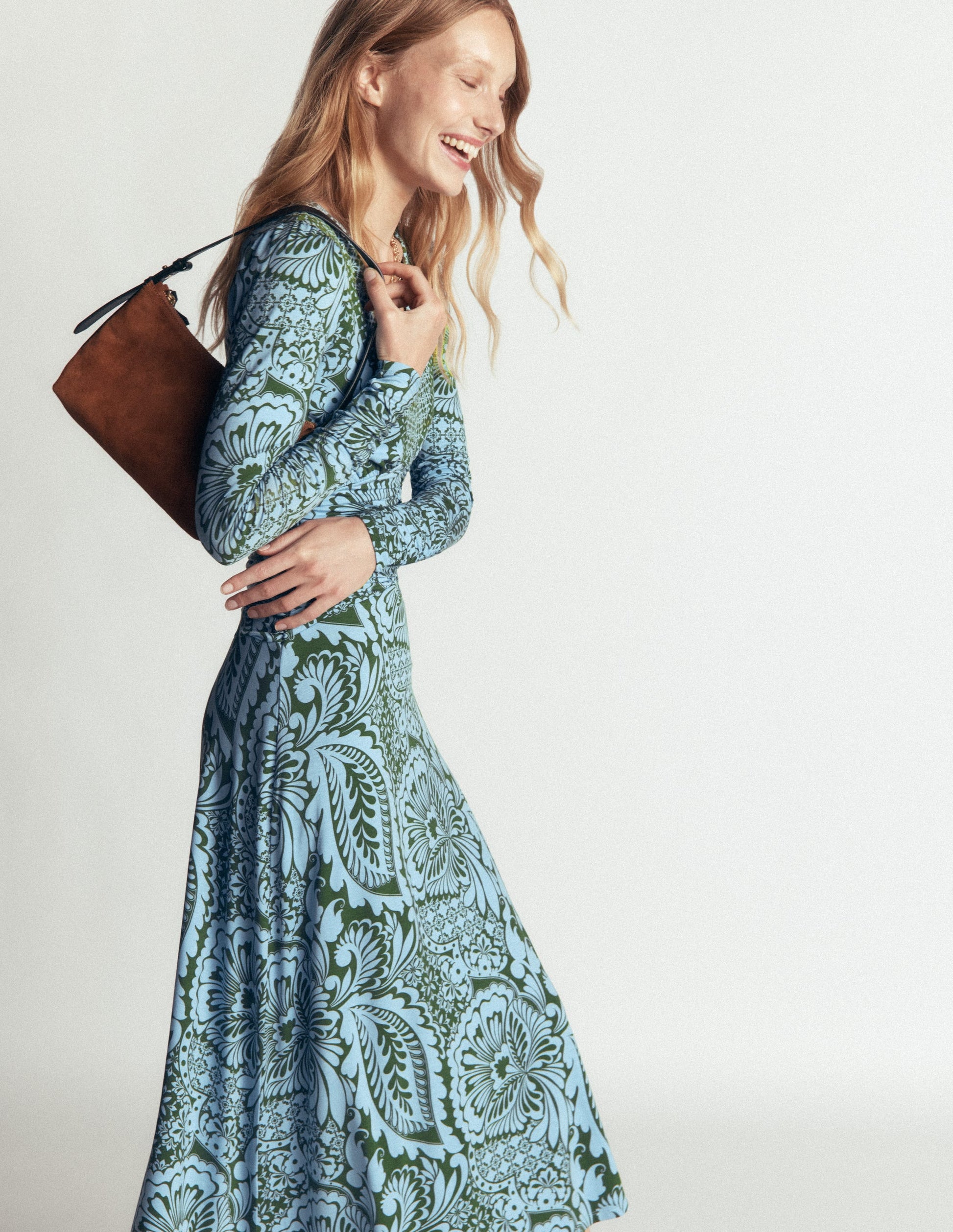Mya Ruched Jersey Midi Dress-Forest Green, Botanical Medley-5
