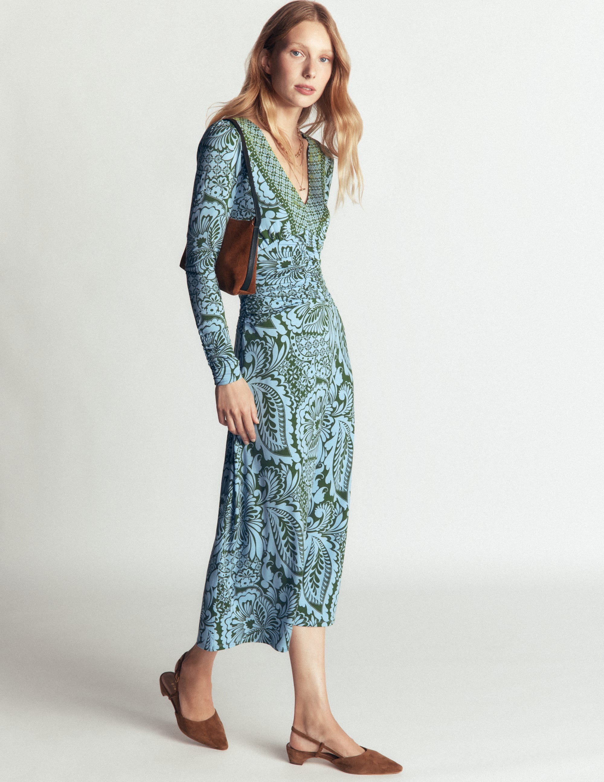 Mya Ruched Jersey Midi Dress-Forest Green, Botanical Medley - Image 6