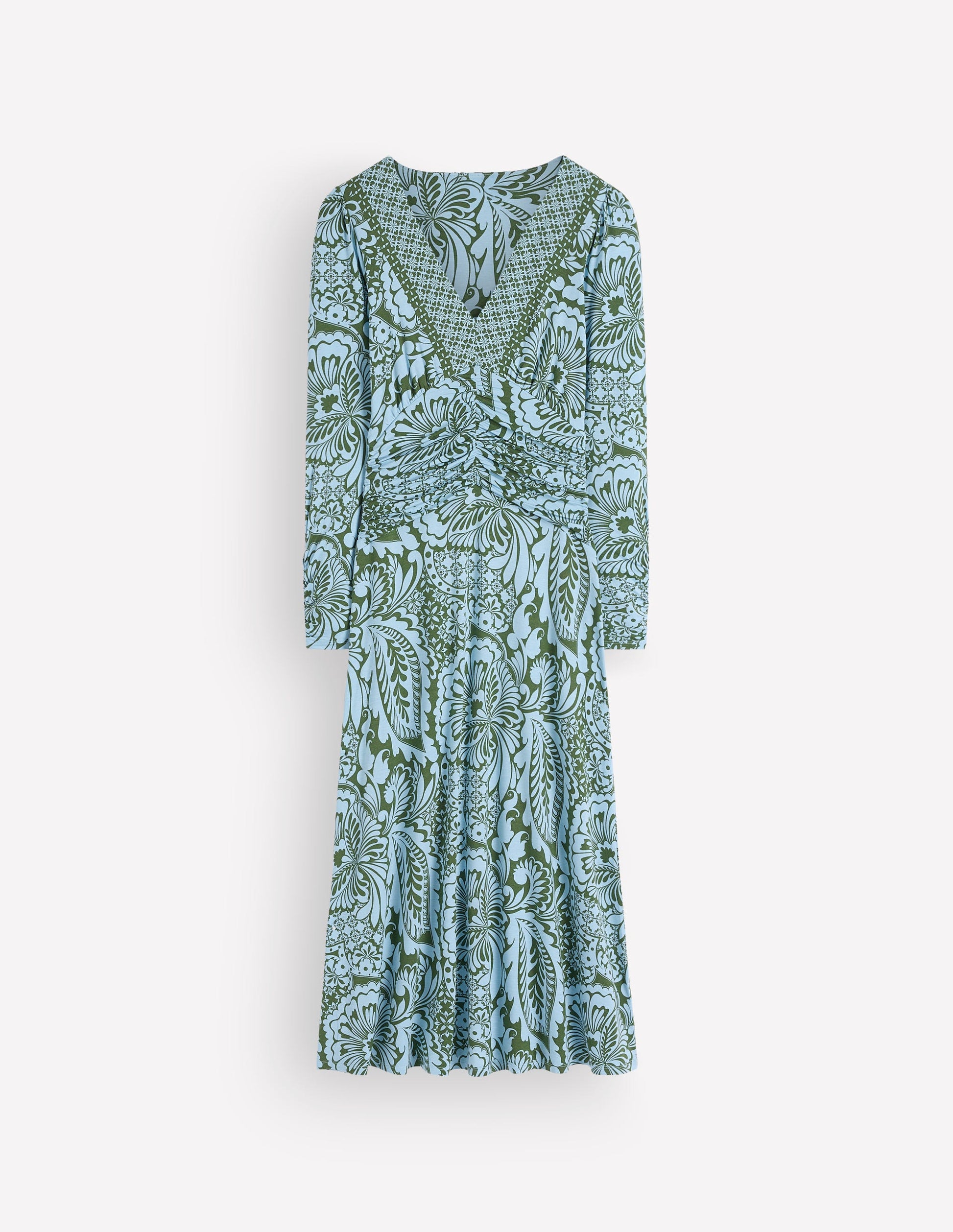 Mya Ruched Jersey Midi Dress-Forest Green, Botanical Medley-7