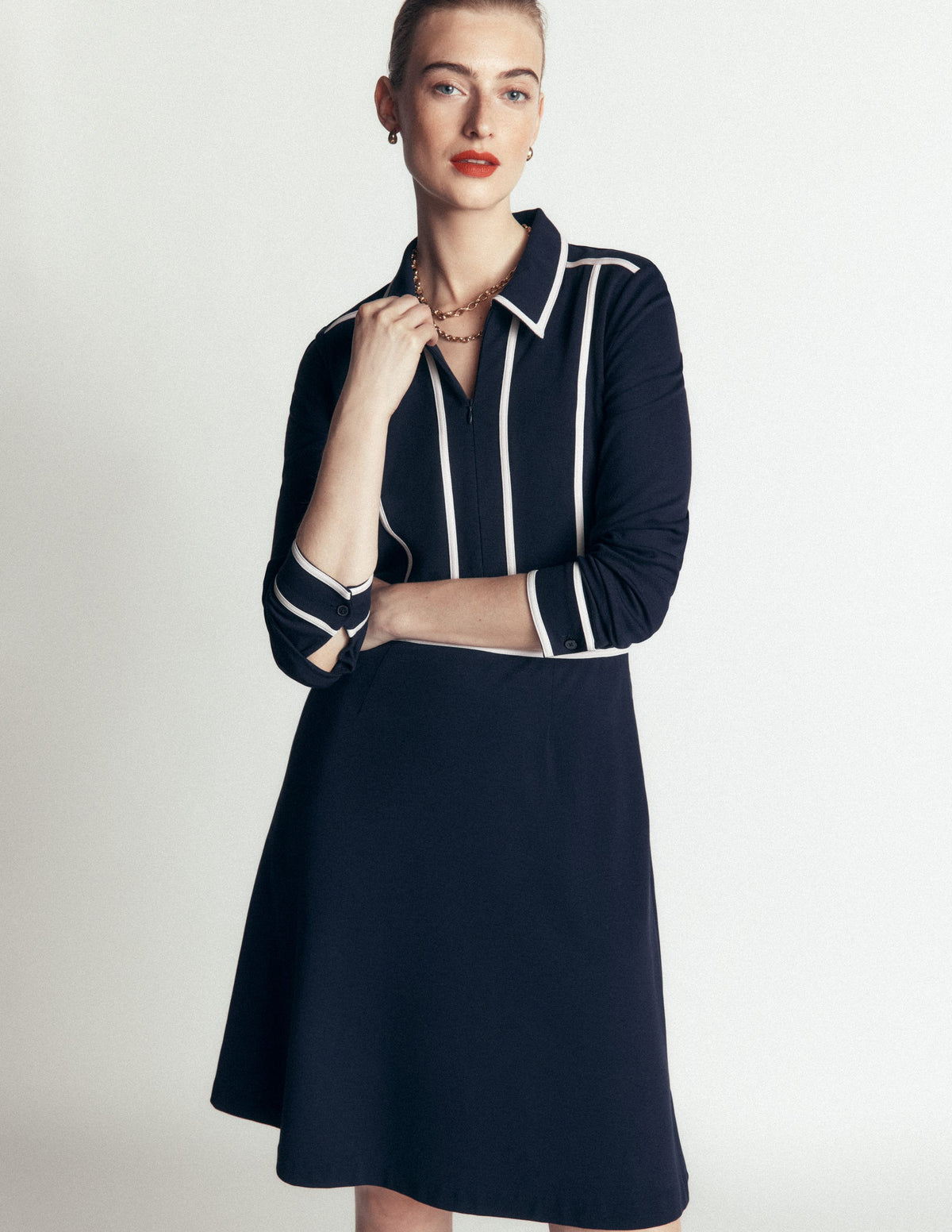 Ula Ponte Short Dress-Navy, Ivory-1
