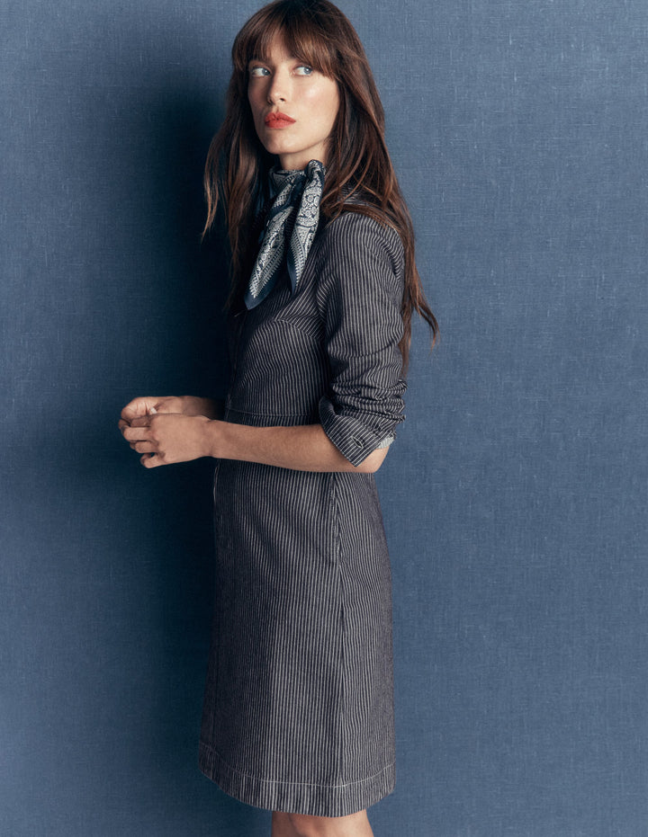 Bronte Denim Short Dress-Fine Denim Ticking Stripe
