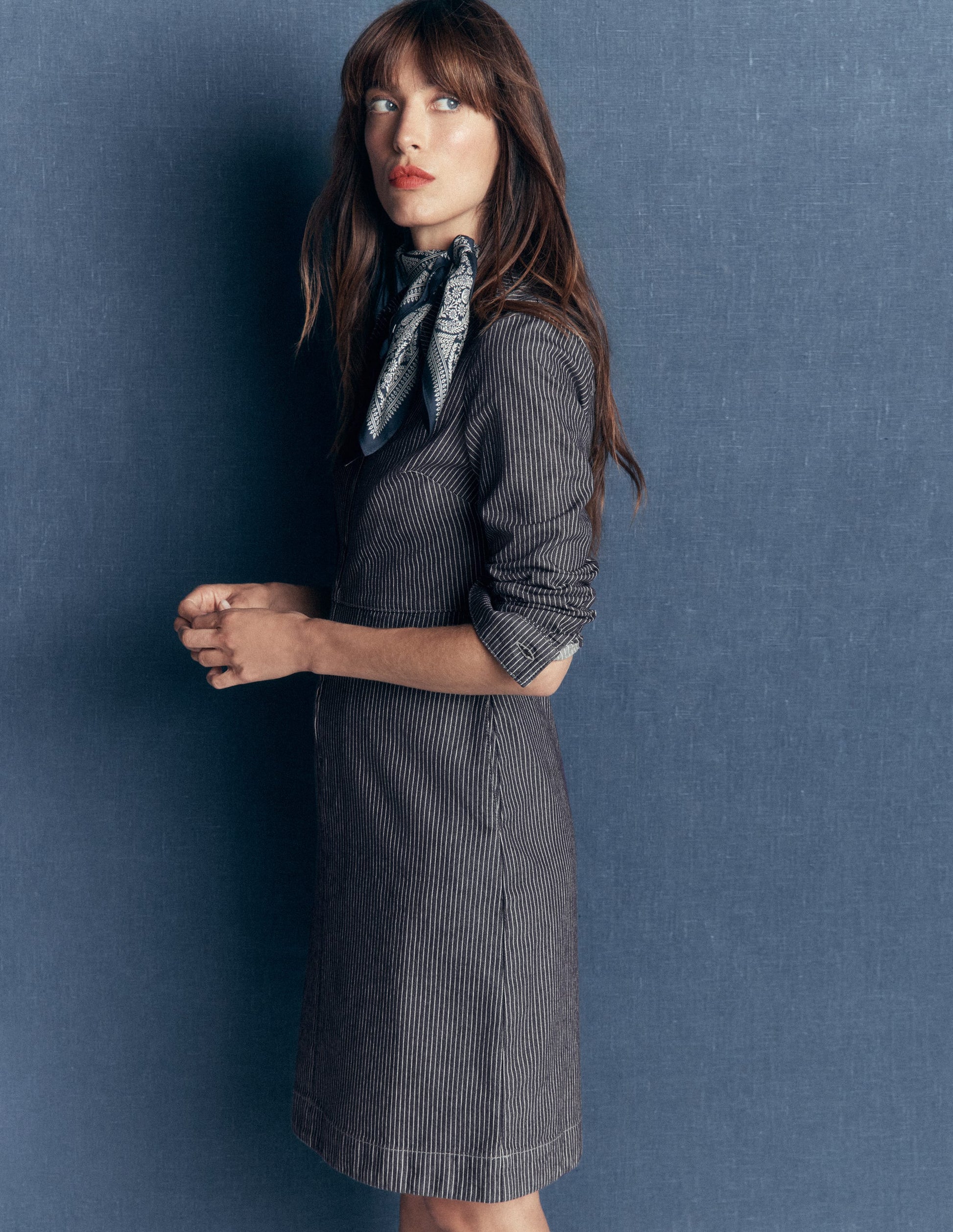 Bronte Denim Short Dress - Fine Denim Ticking Stripe
