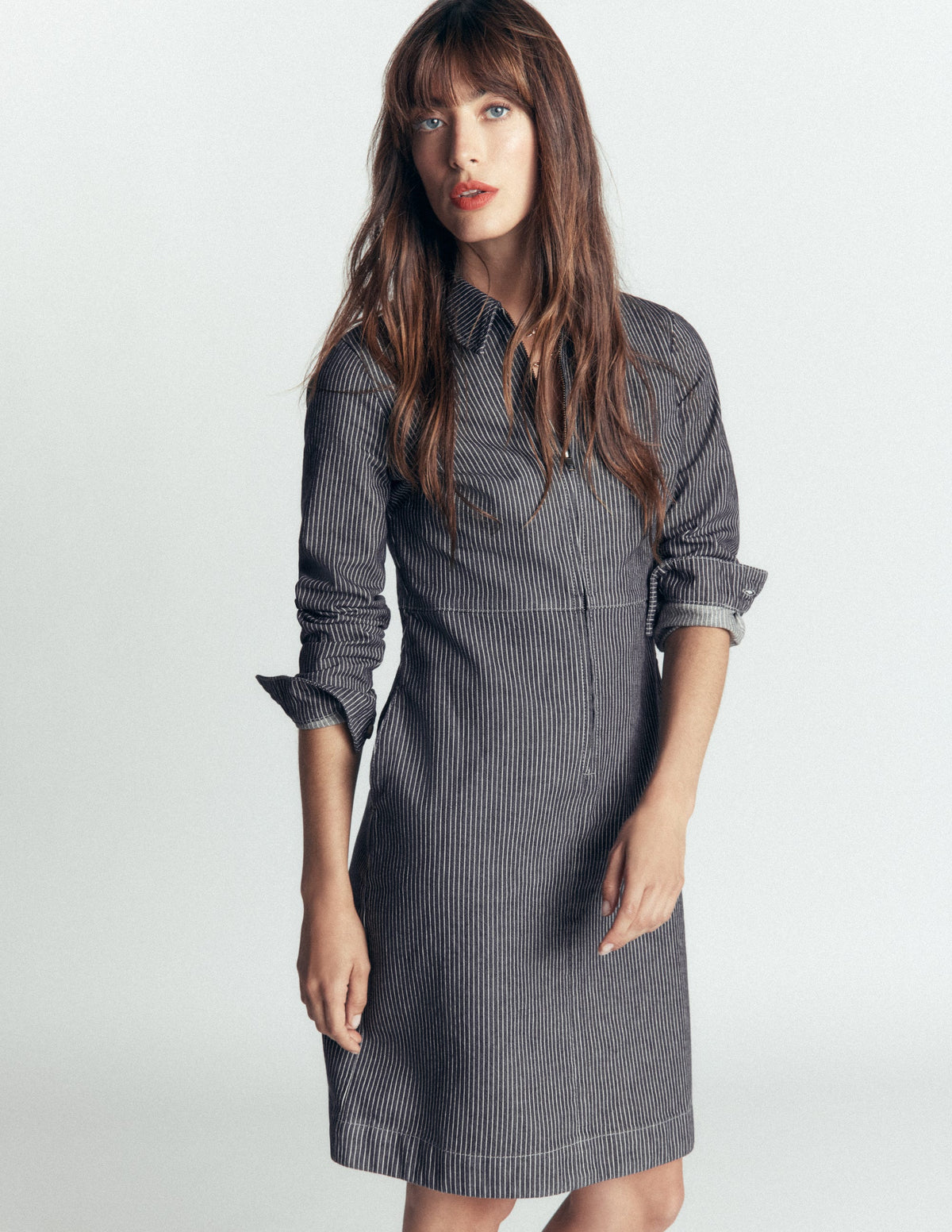 Bronte Denim Short Dress-Fine Denim Ticking Stripe-5