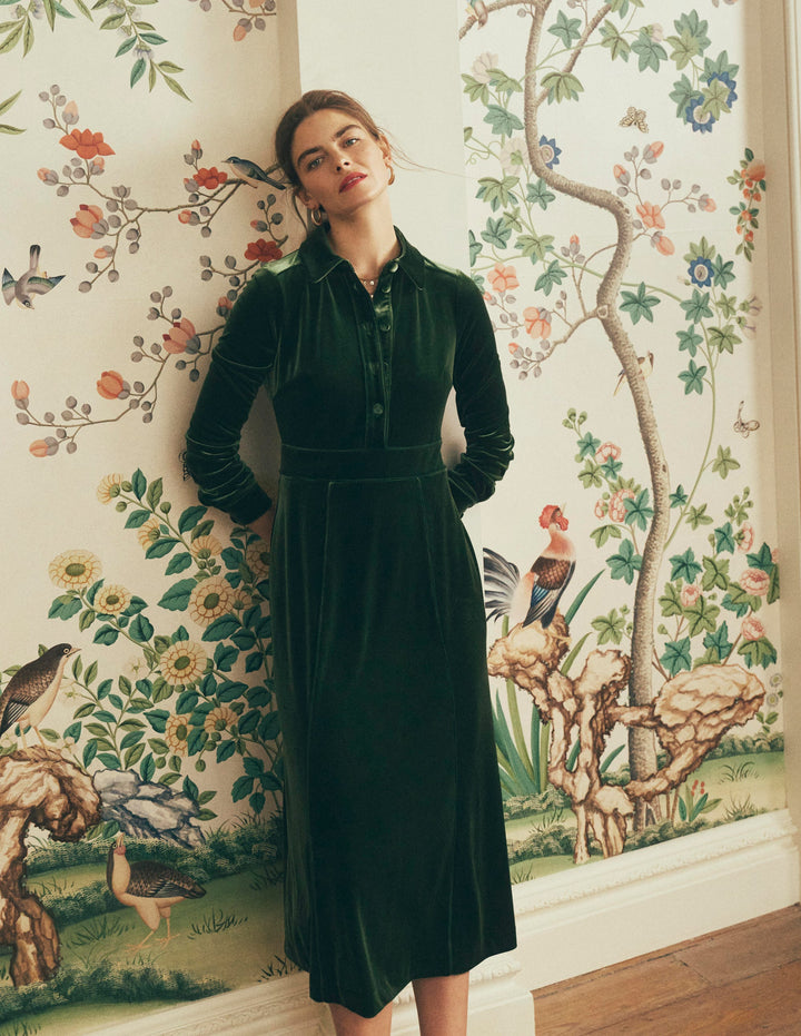 Etta Piping Velvet Dress-Douglas Fir