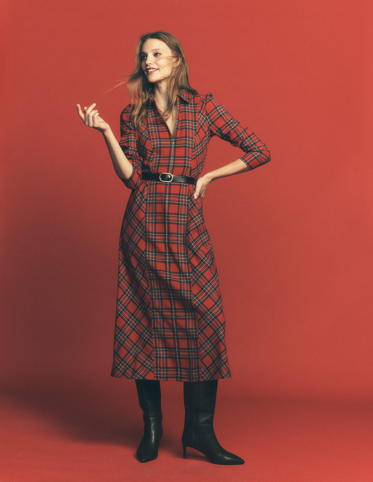 check dresses for ladies Una Collared Midi Dress-Red, Blue and Green Check 54% Rayon 23% Tencel Swatch:#0090C6 Size:10/12 The Best Celebrity Holiday