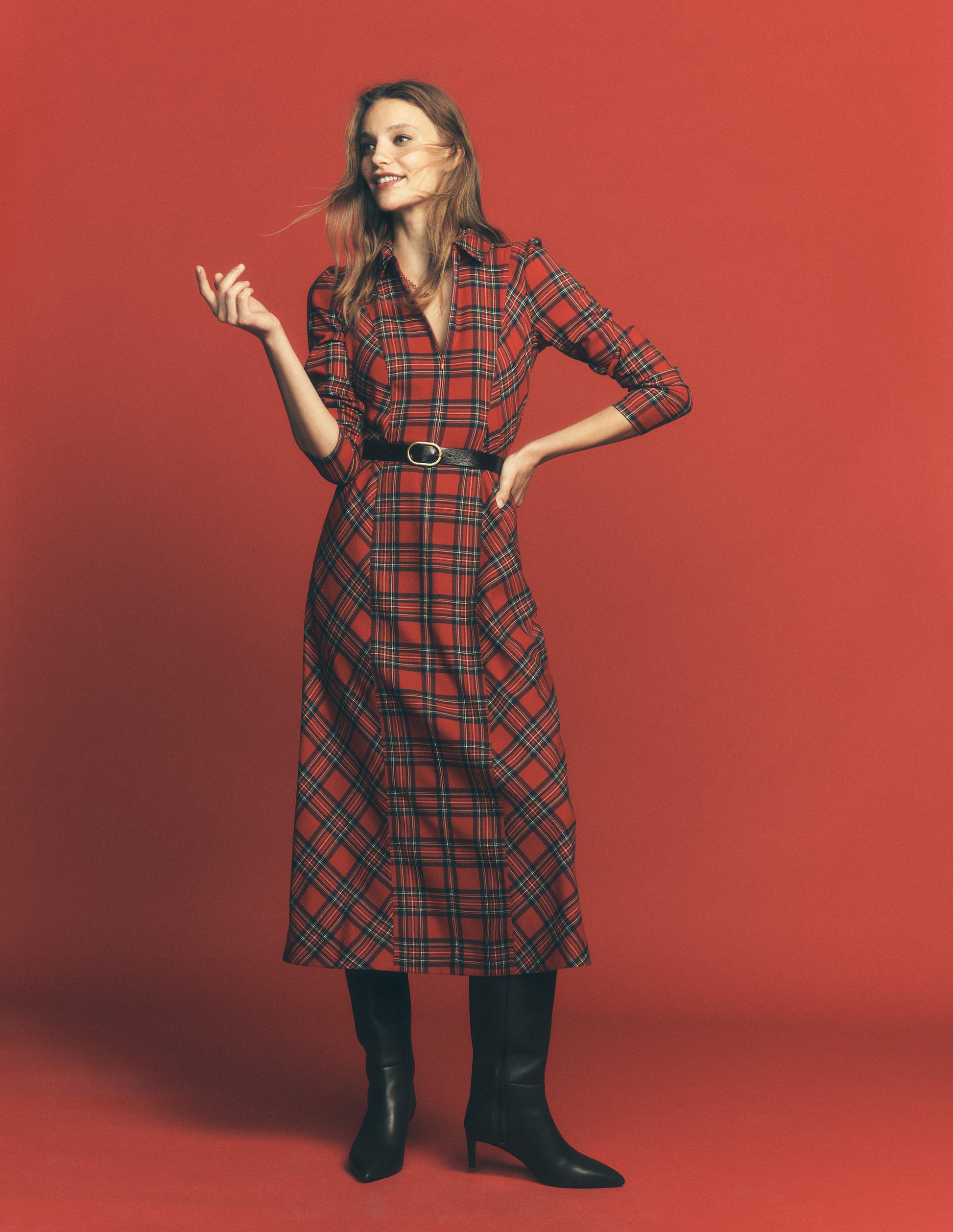 Una Collared Check Midi Dress-Red, Blue and Green Check-1