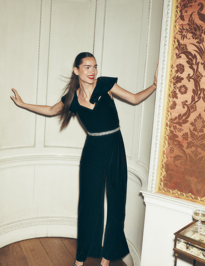 Ruffle Velvet Jumpsuit-Black