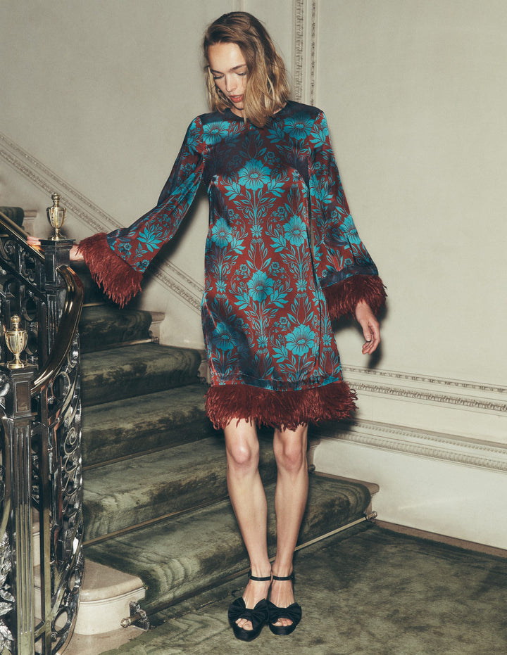 Faux Feather Satin Dress-Crystal Teal Flourishing Sprig