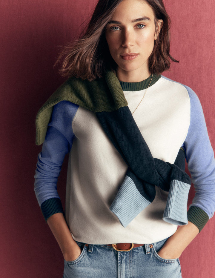 Meg Raglan Sleeve Sweater-Ivory, Blue and Green