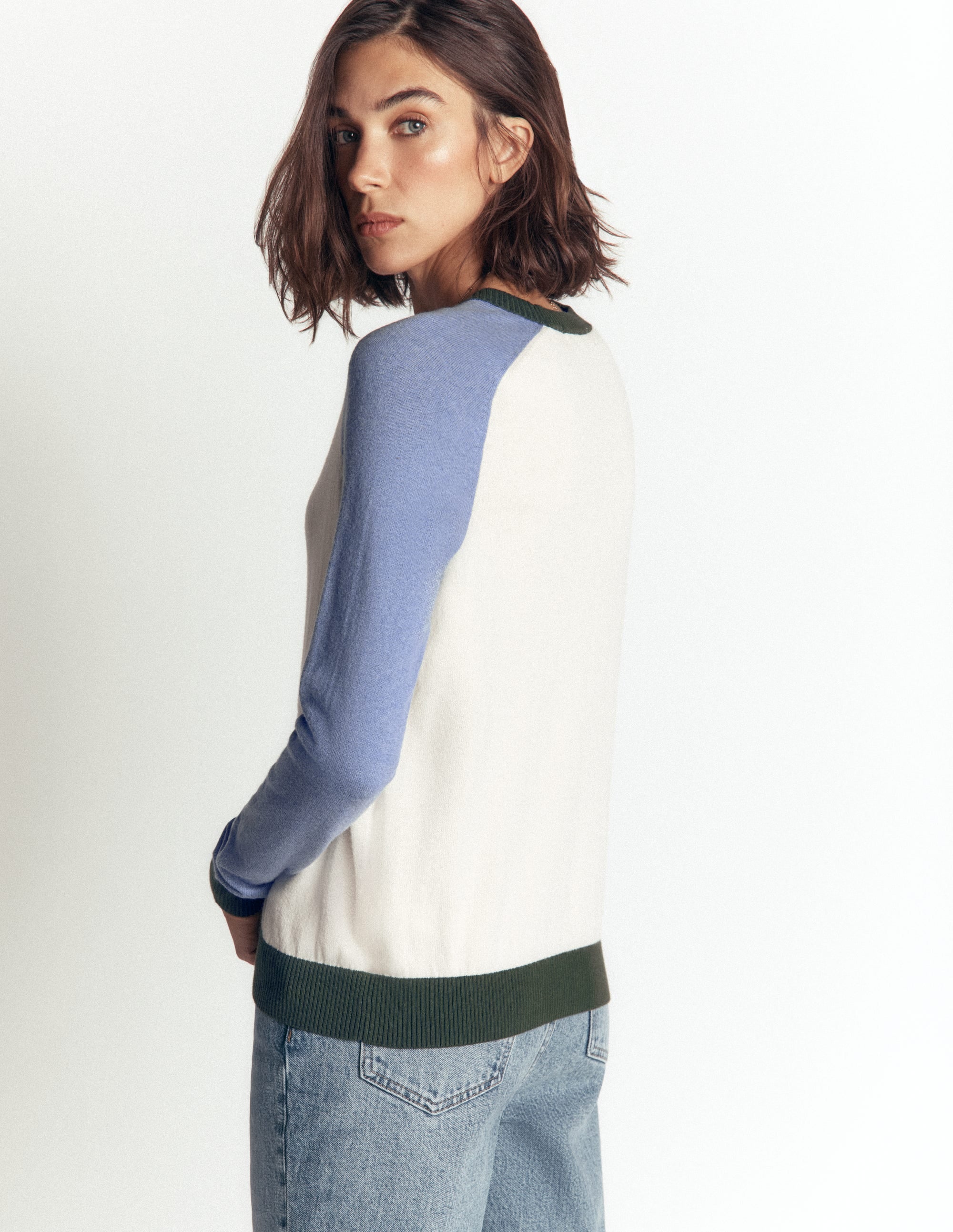 Meg Raglan Sleeve Sweater-Ivory, Blue and Green - Image 3