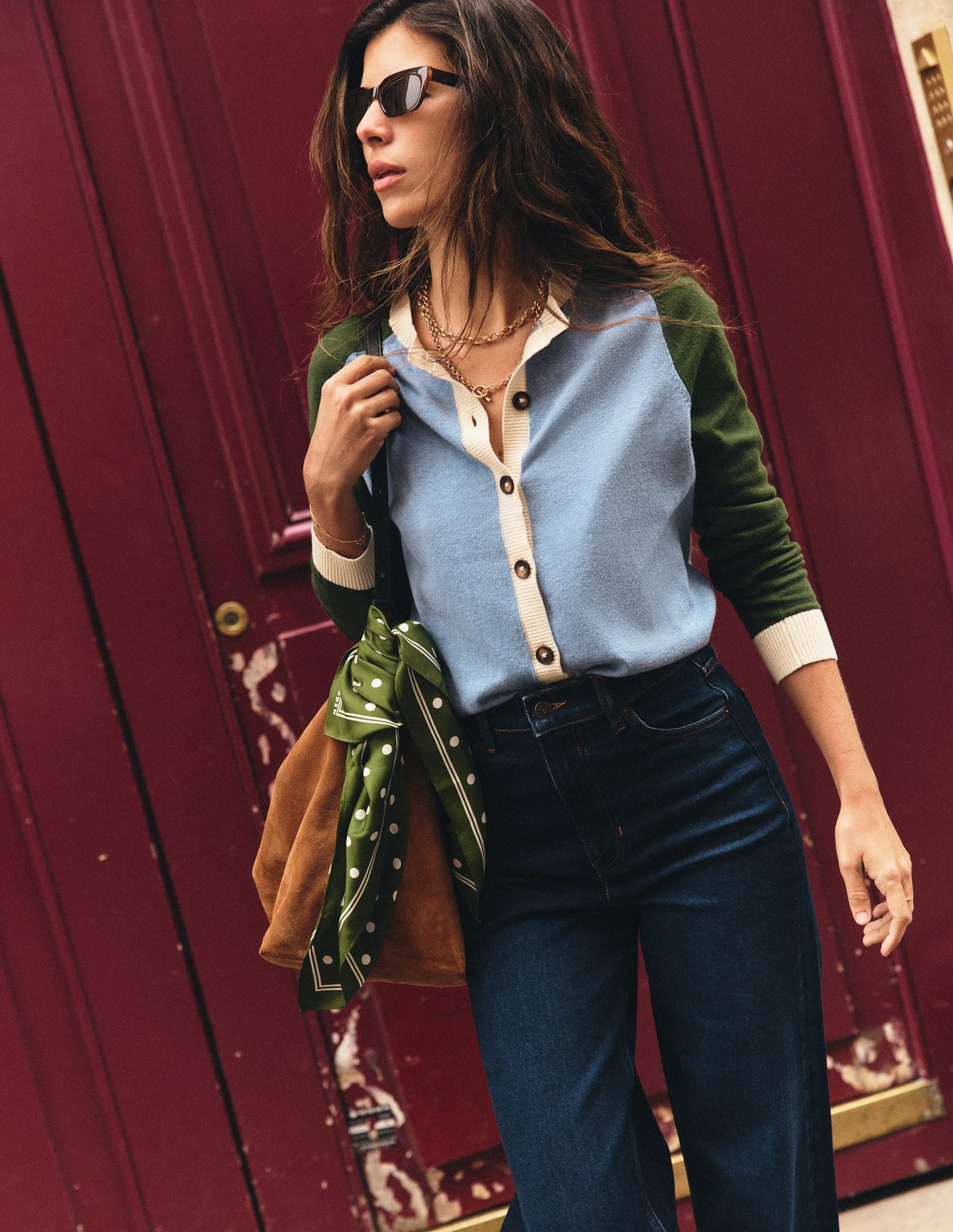 Meg Raglan Sleeve Cardigan-Blue colour block - Image 1