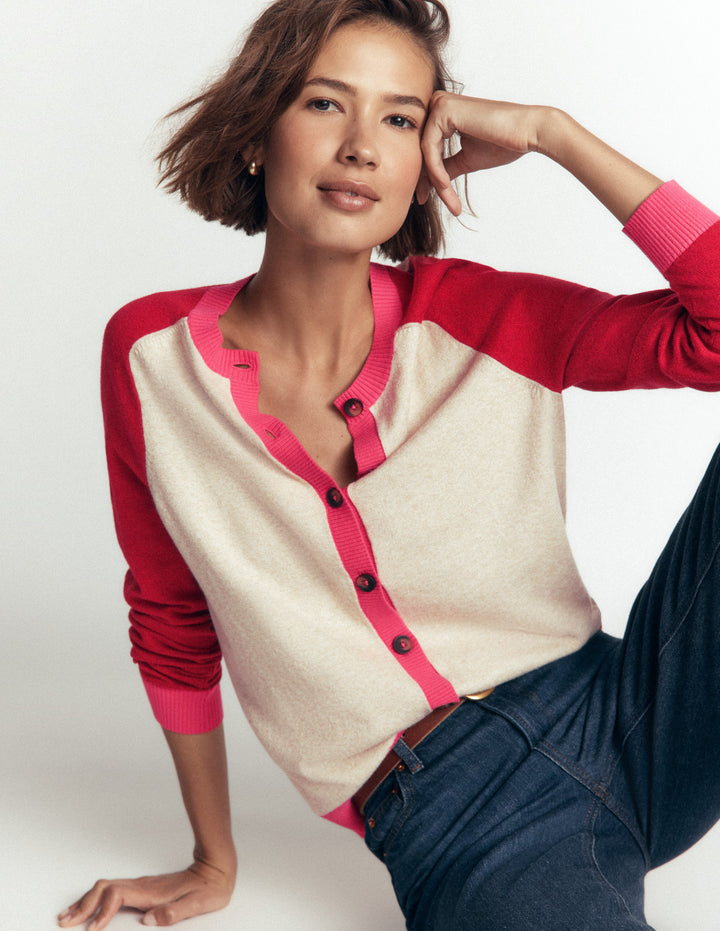 Meg Raglan Sleeve Cardigan-Pink, Ivory colour block