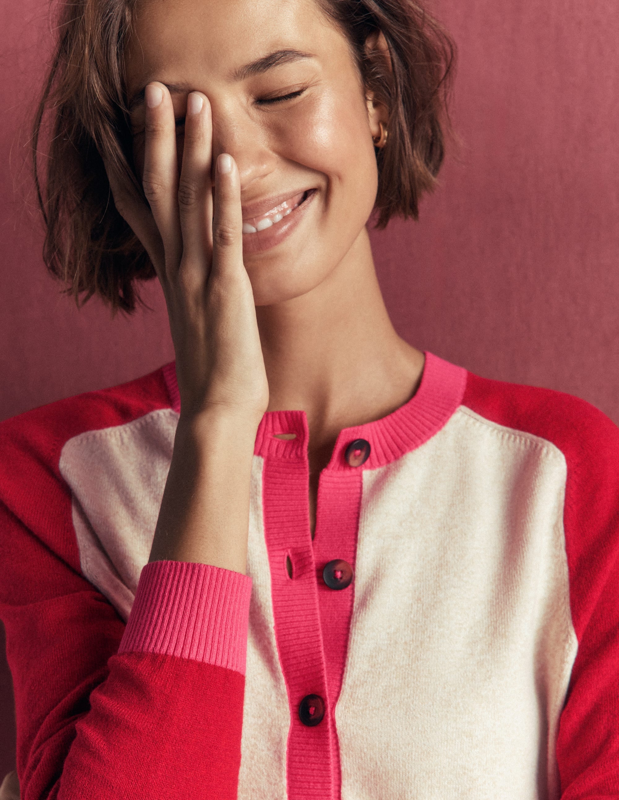 Meg Raglan Sleeve Cardigan-Pink, Ivory colour block - Image 2