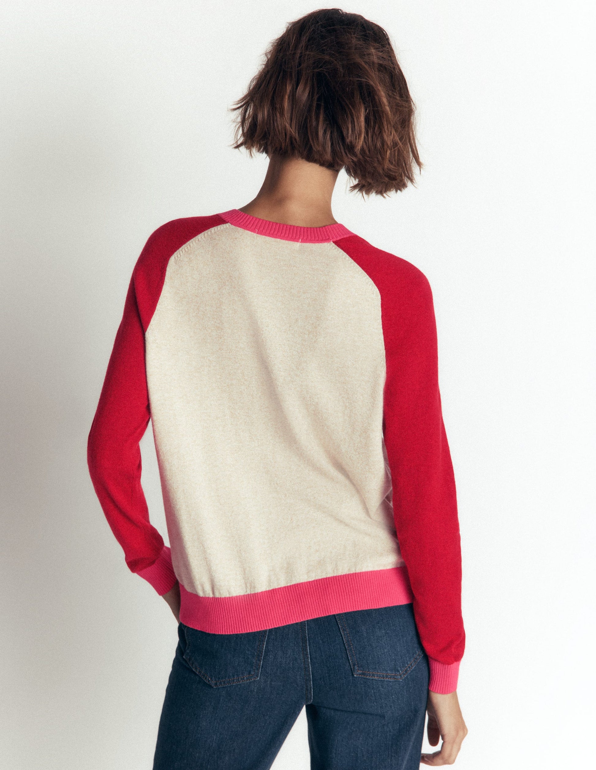 Meg Raglan Sleeve Cardigan-Pink, Ivory colour block-3