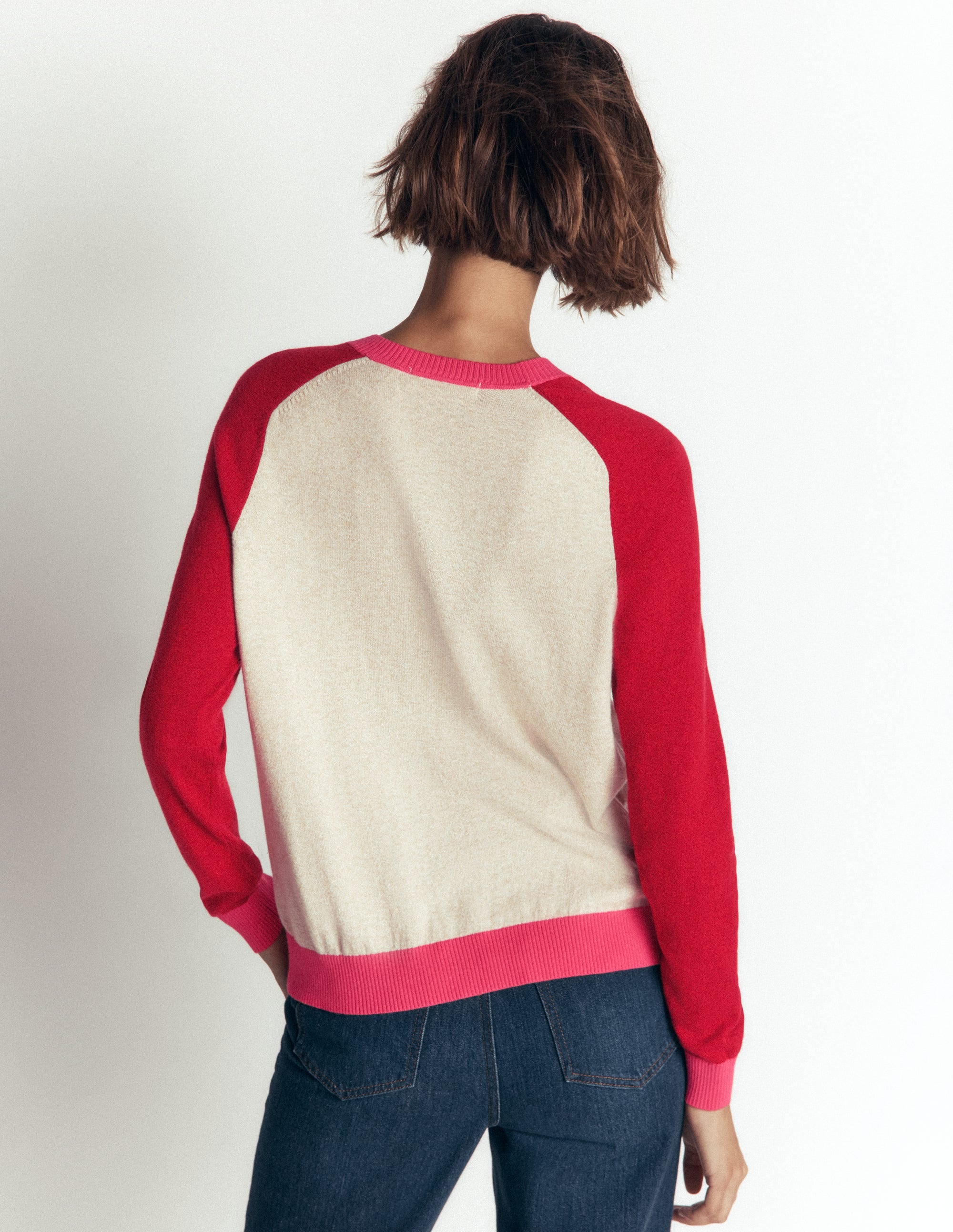 Meg Raglan Sleeve Cardigan-Pink, Ivory colour block - Image 3