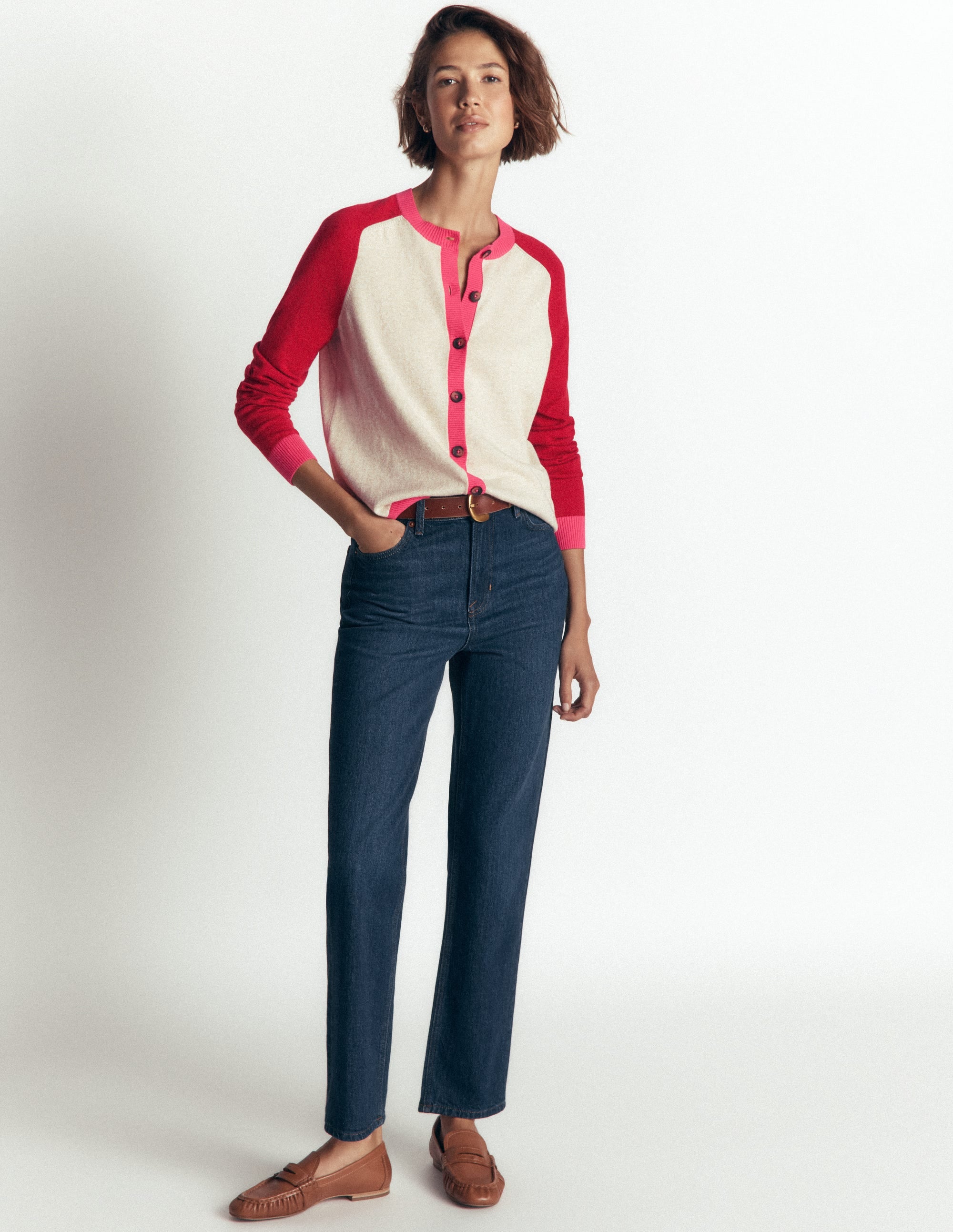 Meg Raglan Sleeve Cardigan-Pink, Ivory colour block - Image 4