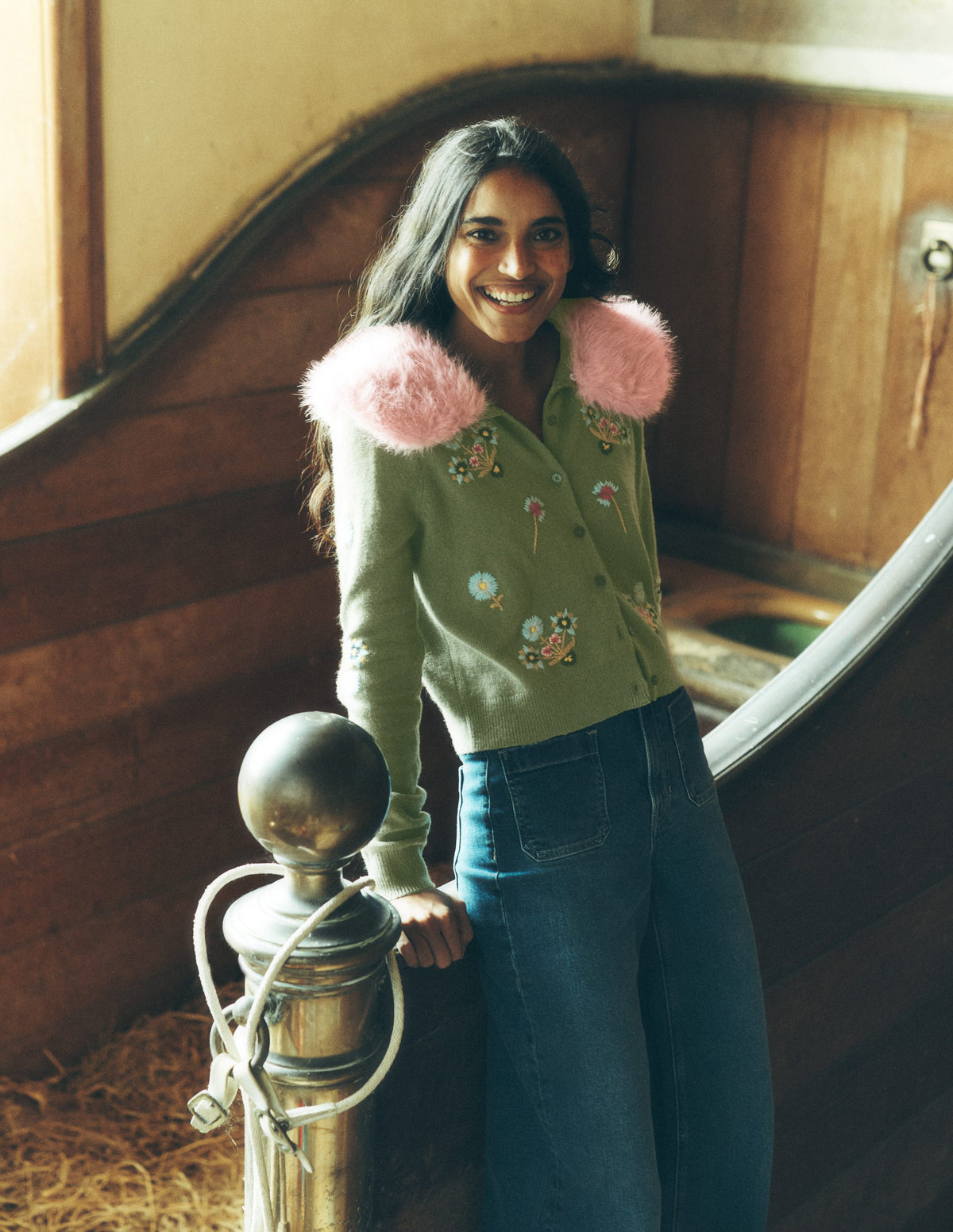 Fur Collar Cropped Cardigan-Laurel Green, Embroidered-7