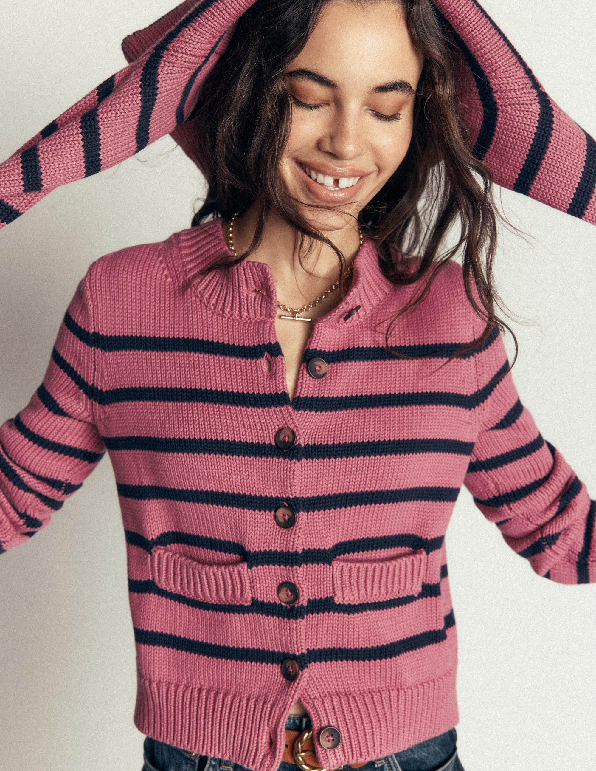 Lucy Chunky Cotton Cardigan-Pink Heather, Navy Stripe - Image 1