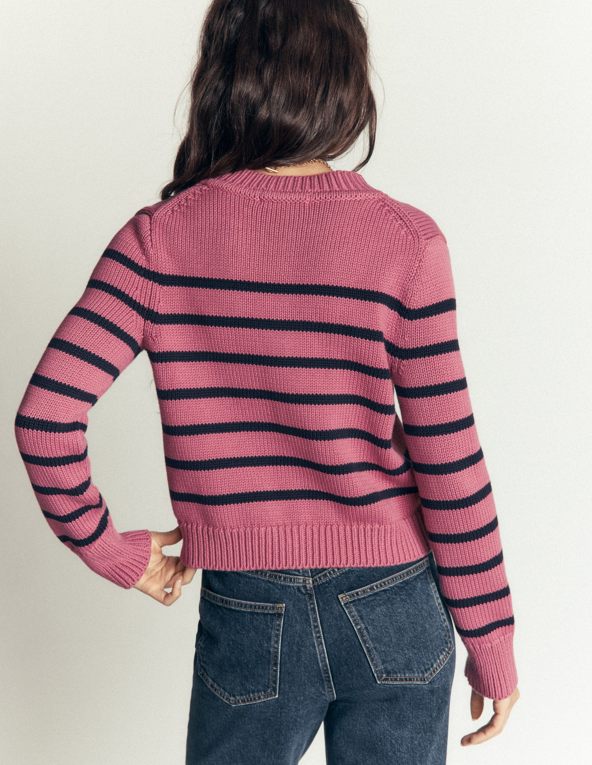 Lucy Chunky Cotton Cardigan-Pink Heather, Navy Stripe-3