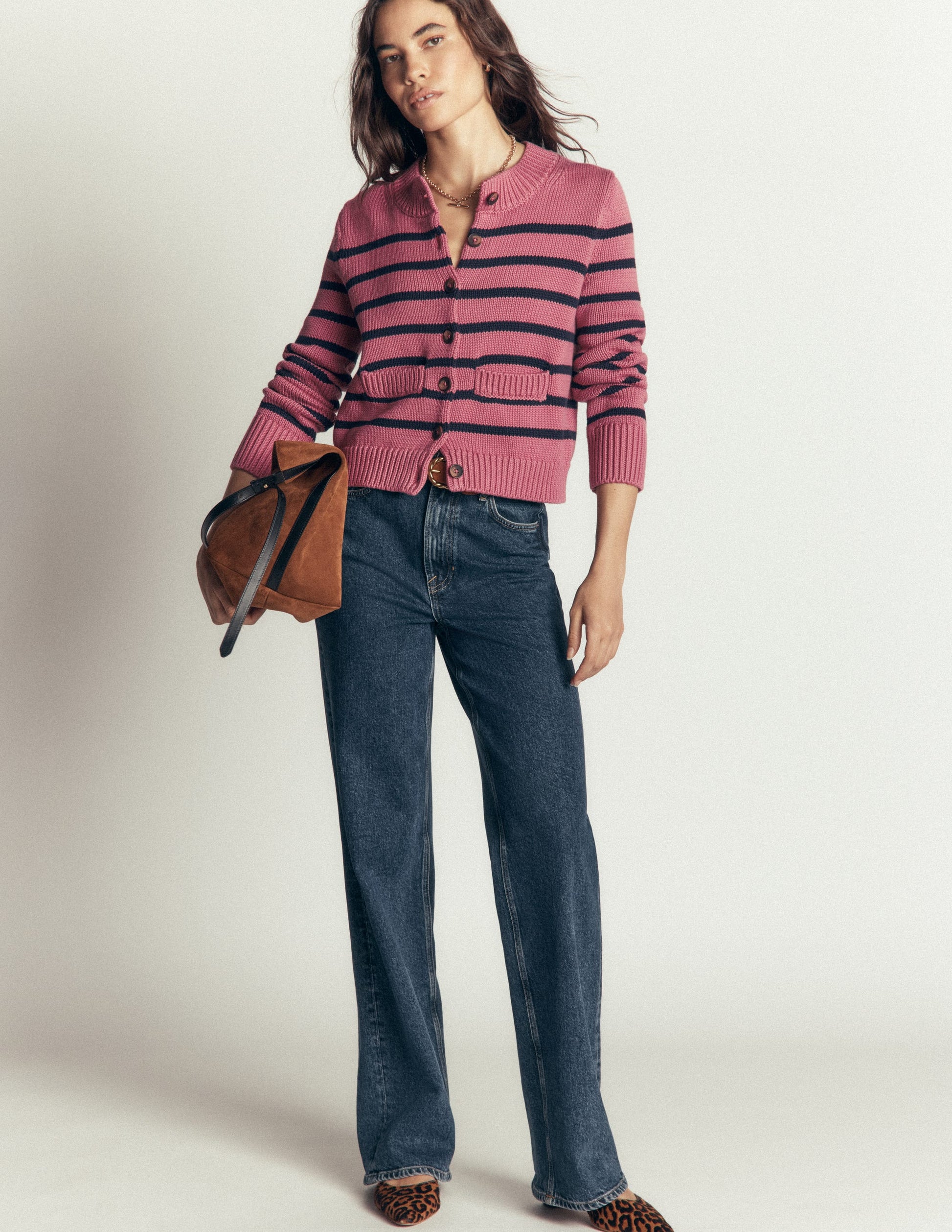 Lucy Chunky Cotton Cardigan-Pink Heather, Navy Stripe-4