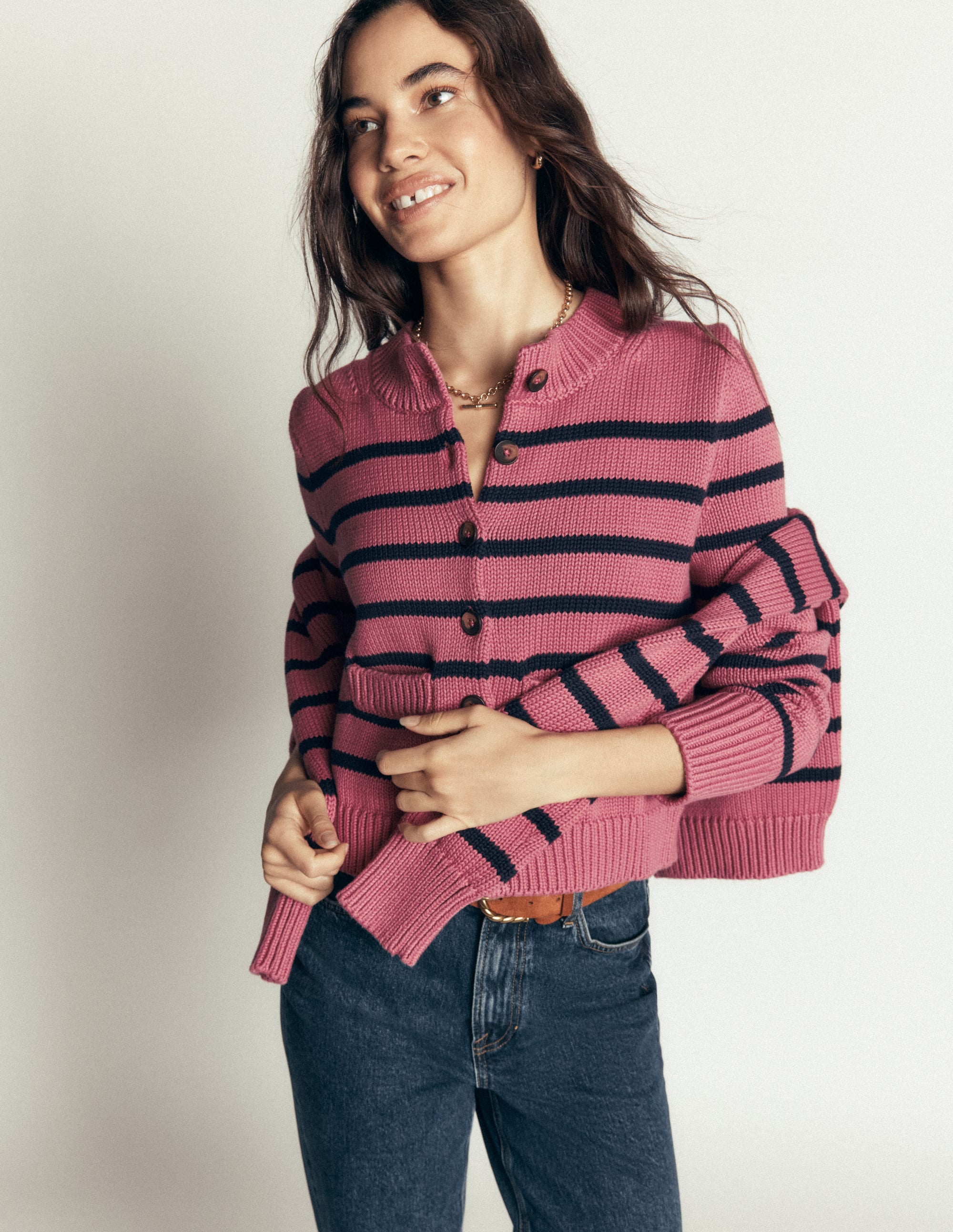Lucy Chunky Cotton Cardigan-Pink Heather, Navy Stripe - Image 5