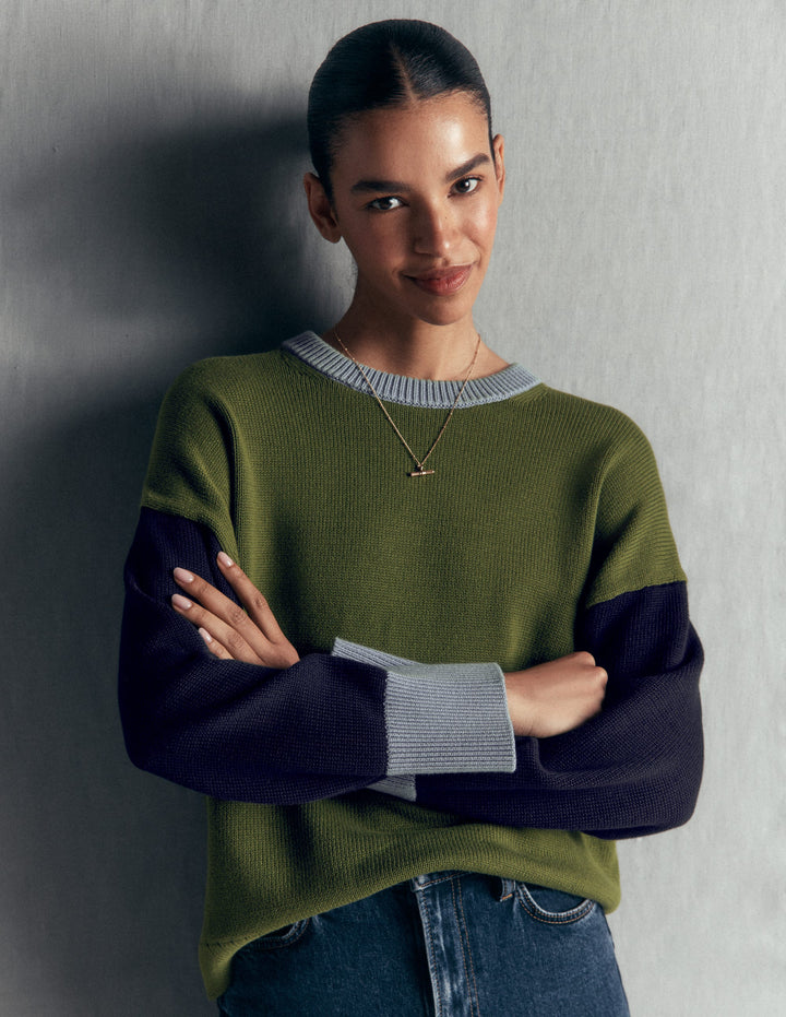 Lucy Relaxed Cotton Sweater-Green colour block
