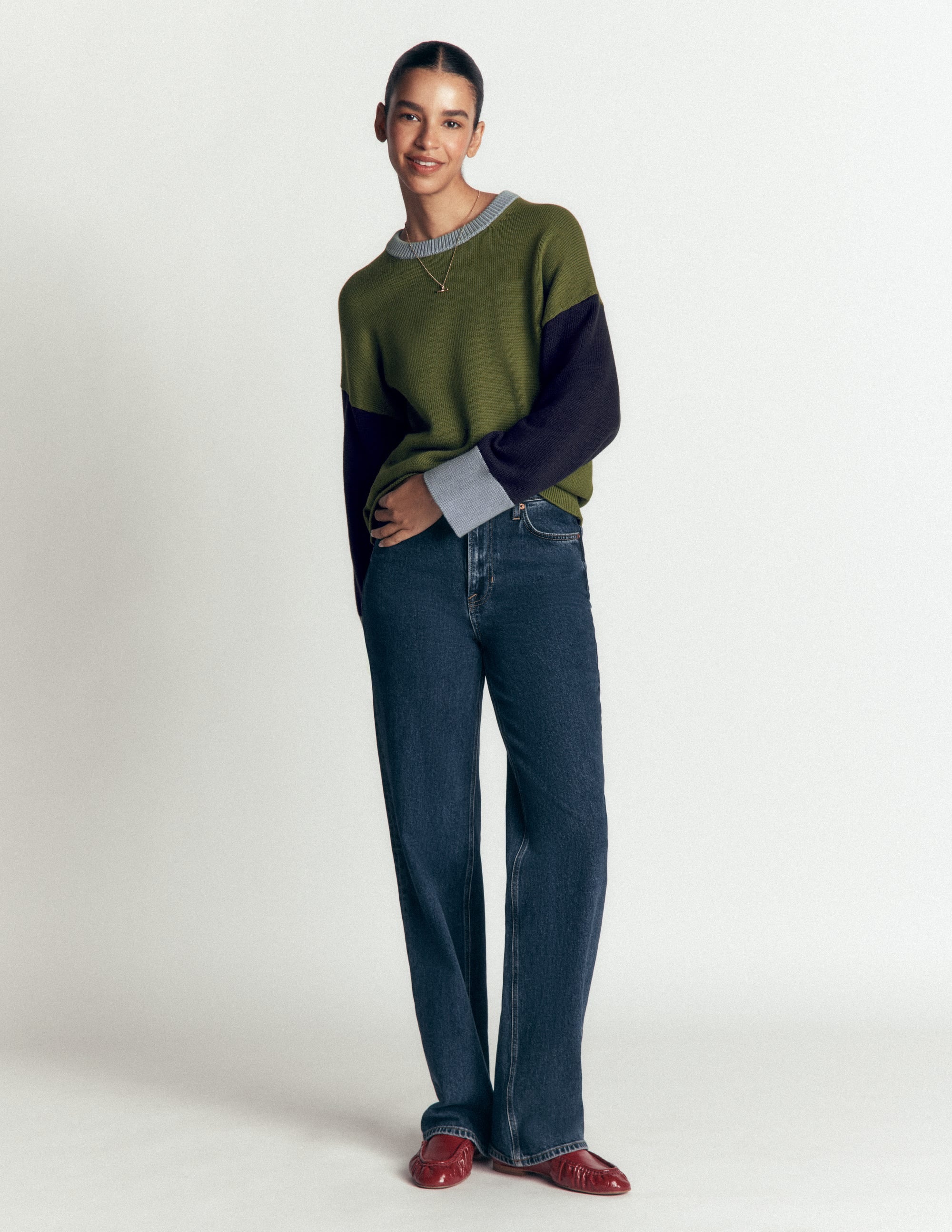 Lucy Relaxed Cotton Sweater-Green colour block - Image 4