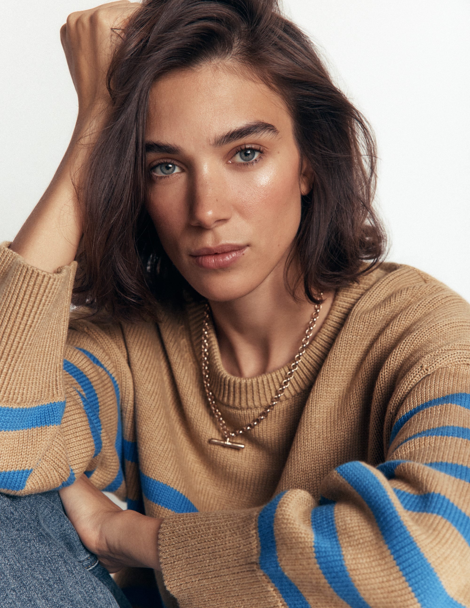 Lucy Relaxed Cotton Sweater-Camel, Blue Stripe - Image 2