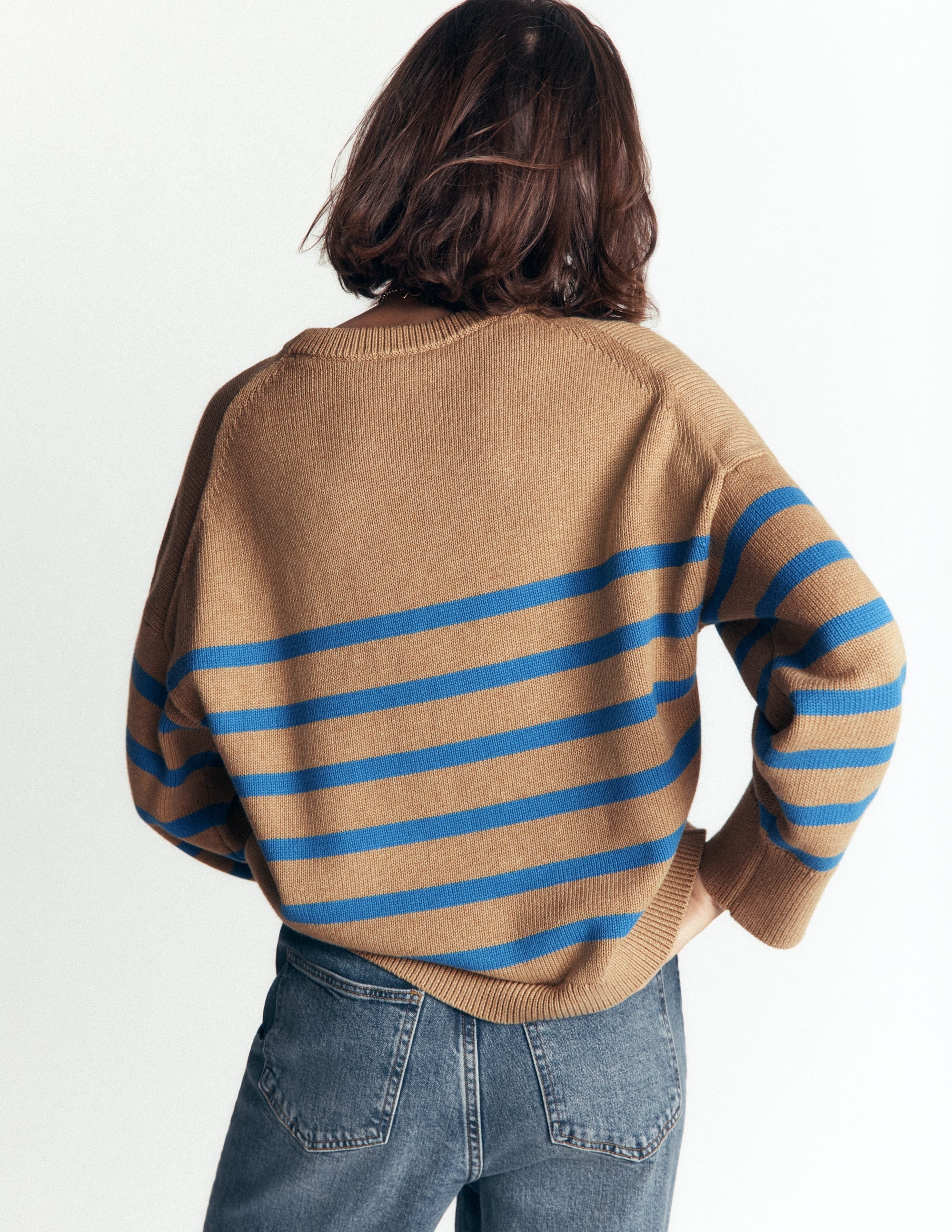 Lucy Relaxed Cotton Sweater-Camel, Blue Stripe - Image 3