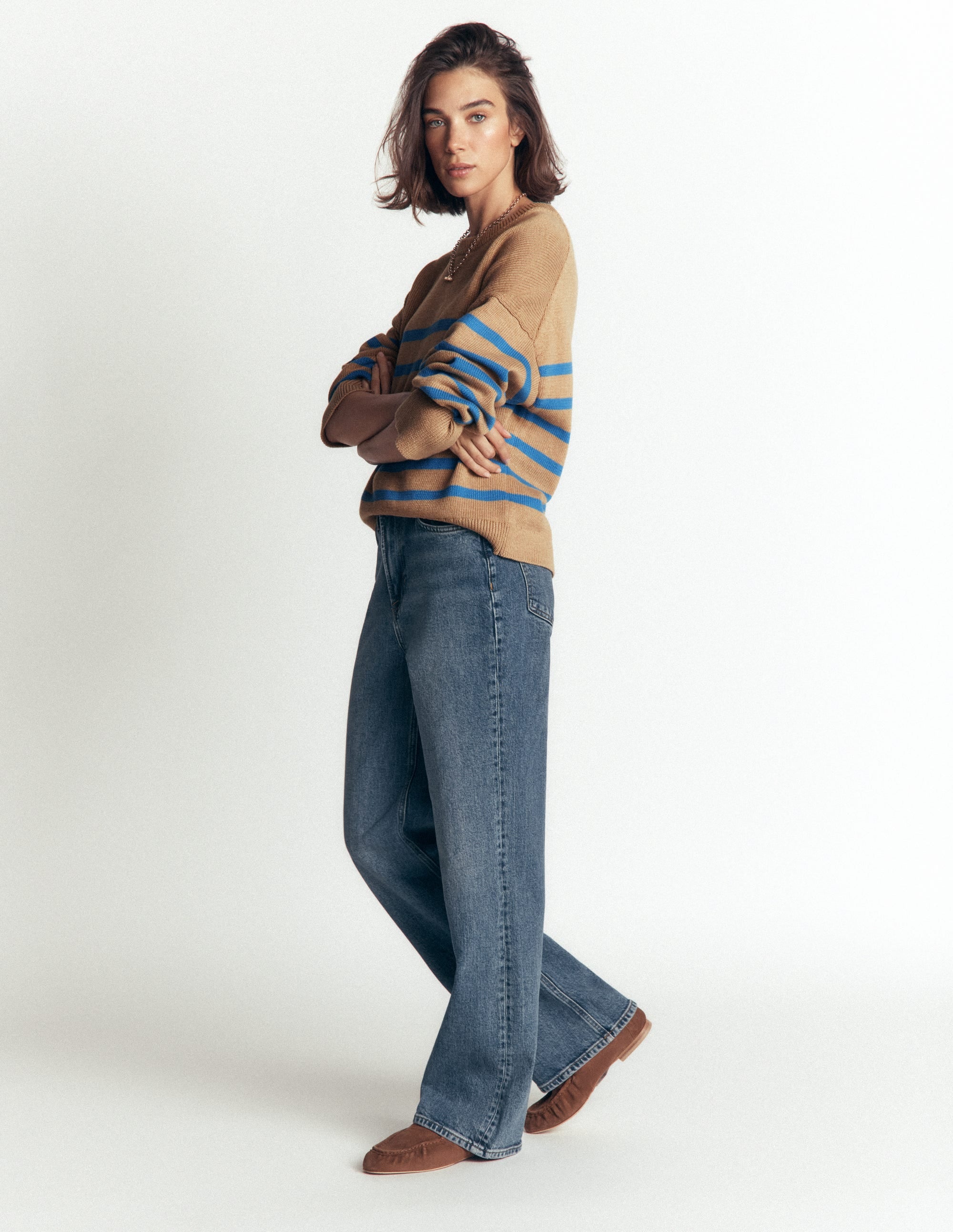 Lucy Relaxed Cotton Sweater-Camel, Blue Stripe - Image 4