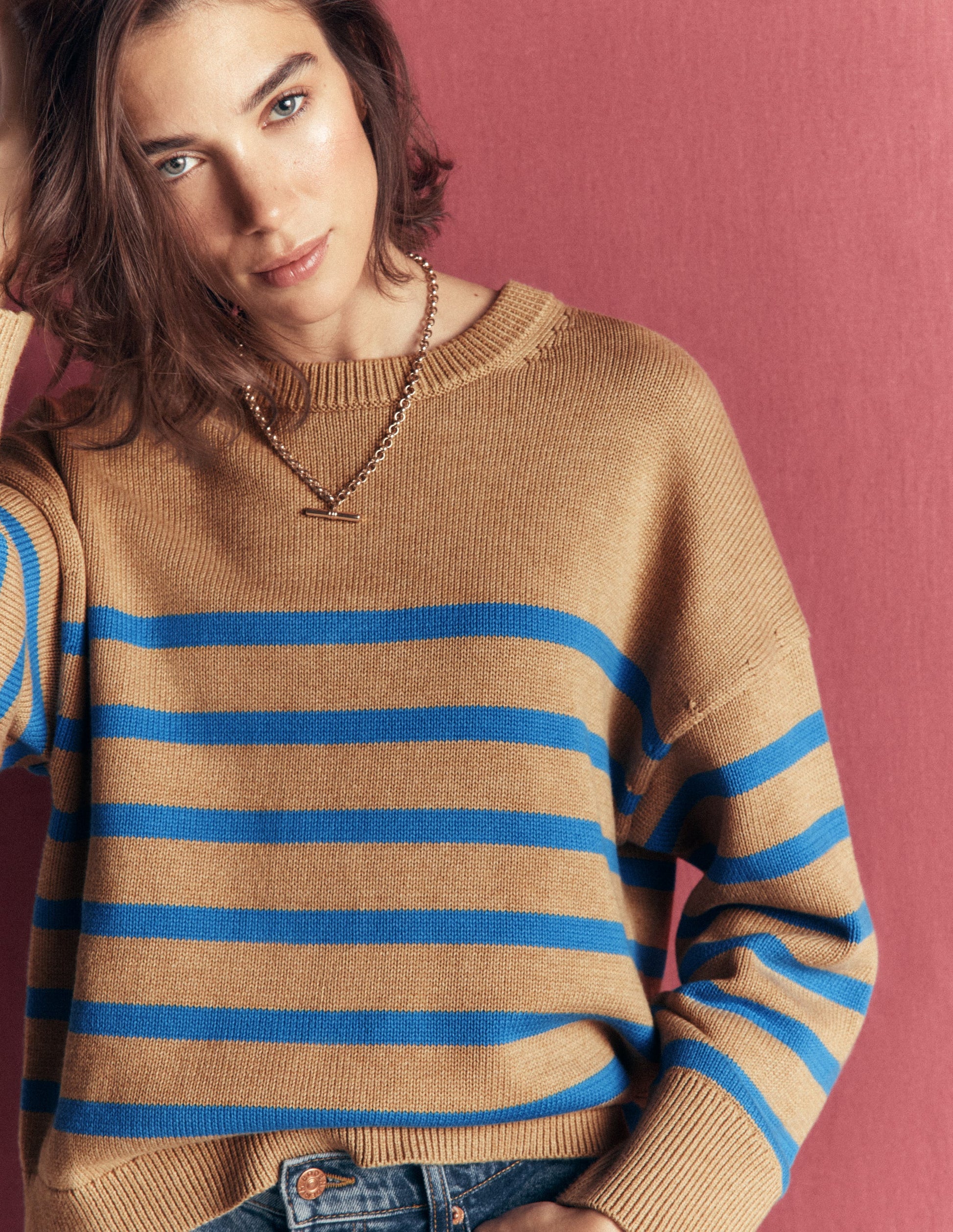 Lucy Relaxed Cotton Sweater-Camel, Blue Stripe-5
