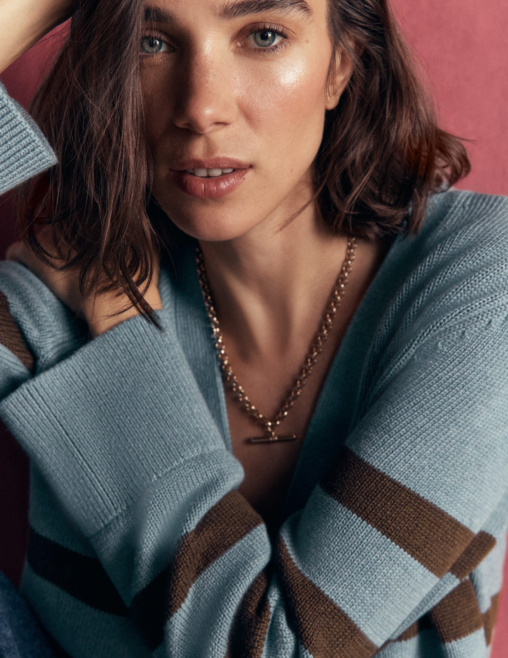 Lucy Relaxed Cotton Cardigan-Pavilion Blue, Brown Stripe - Image 3