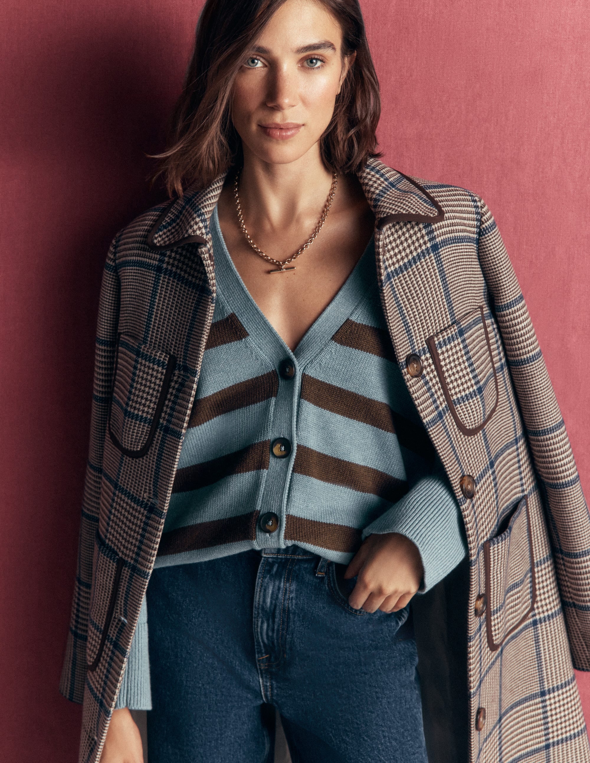 Lucy Relaxed Cotton Cardigan-Pavilion Blue, Brown Stripe - Image 6