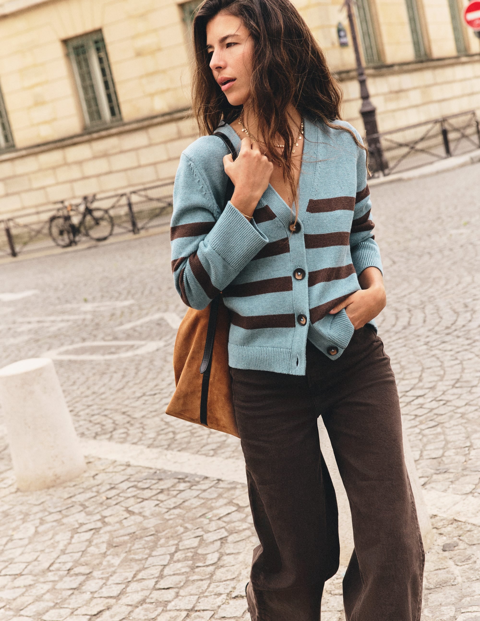 Lucy Relaxed Cotton Cardigan-Pavilion Blue, Brown Stripe - Image 1