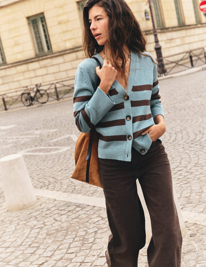 Lucy Relaxed Cotton Cardigan-Pavilion Blue, Brown Stripe