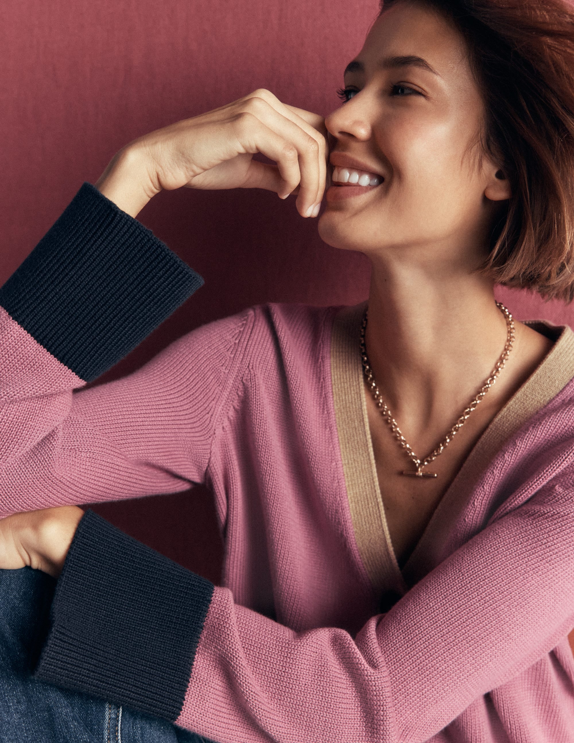 Lucy Relaxed Cotton Cardigan-Pink Heather Colour Block - Image 3