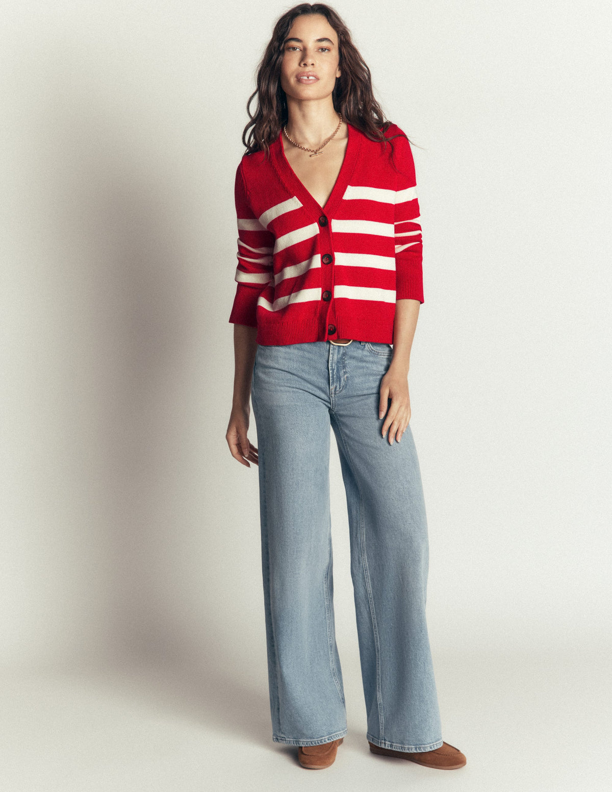Lucy Relaxed Cotton Cardigan-Deep Red, Ivory Stripe-2