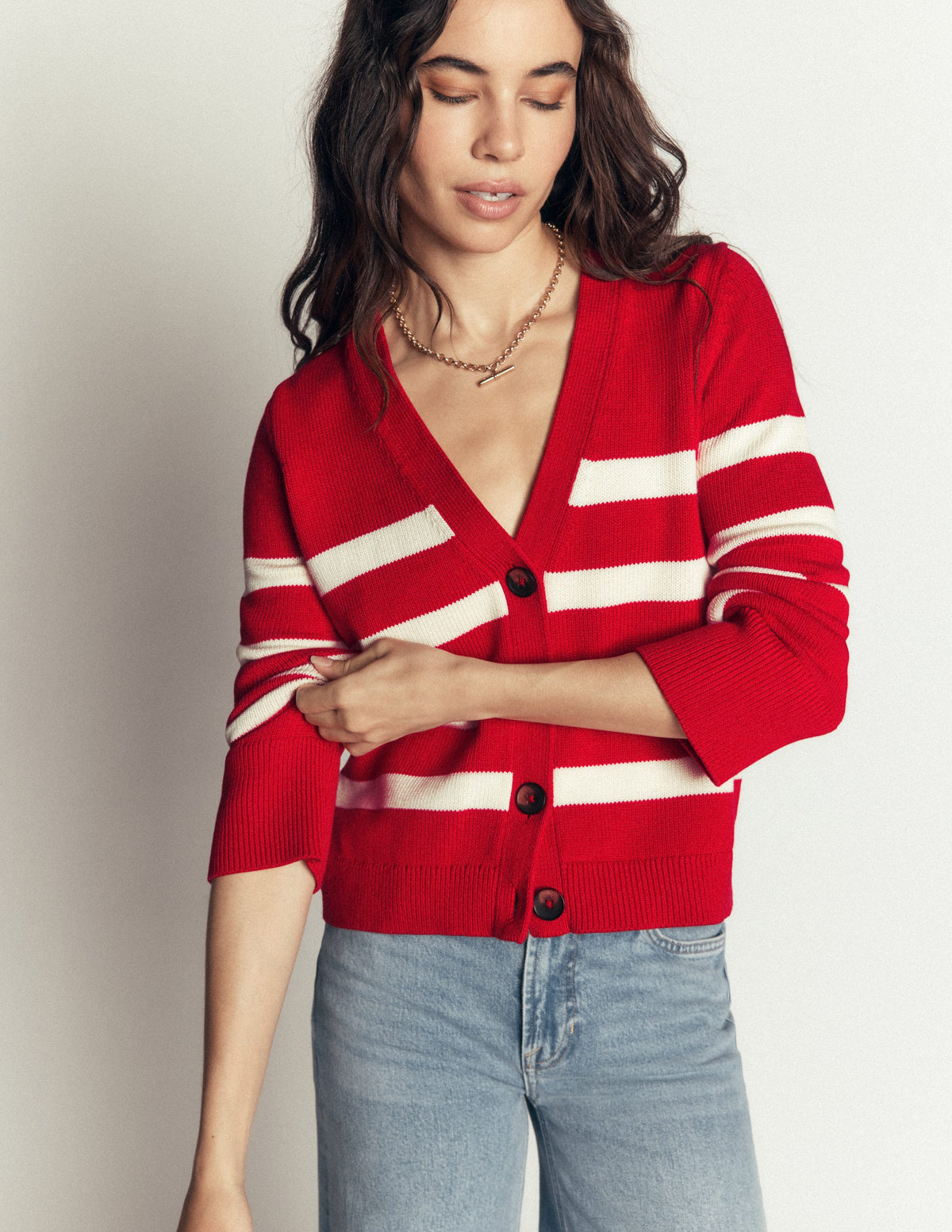Lucy Relaxed Cotton Cardigan-Deep Red, Ivory Stripe-1