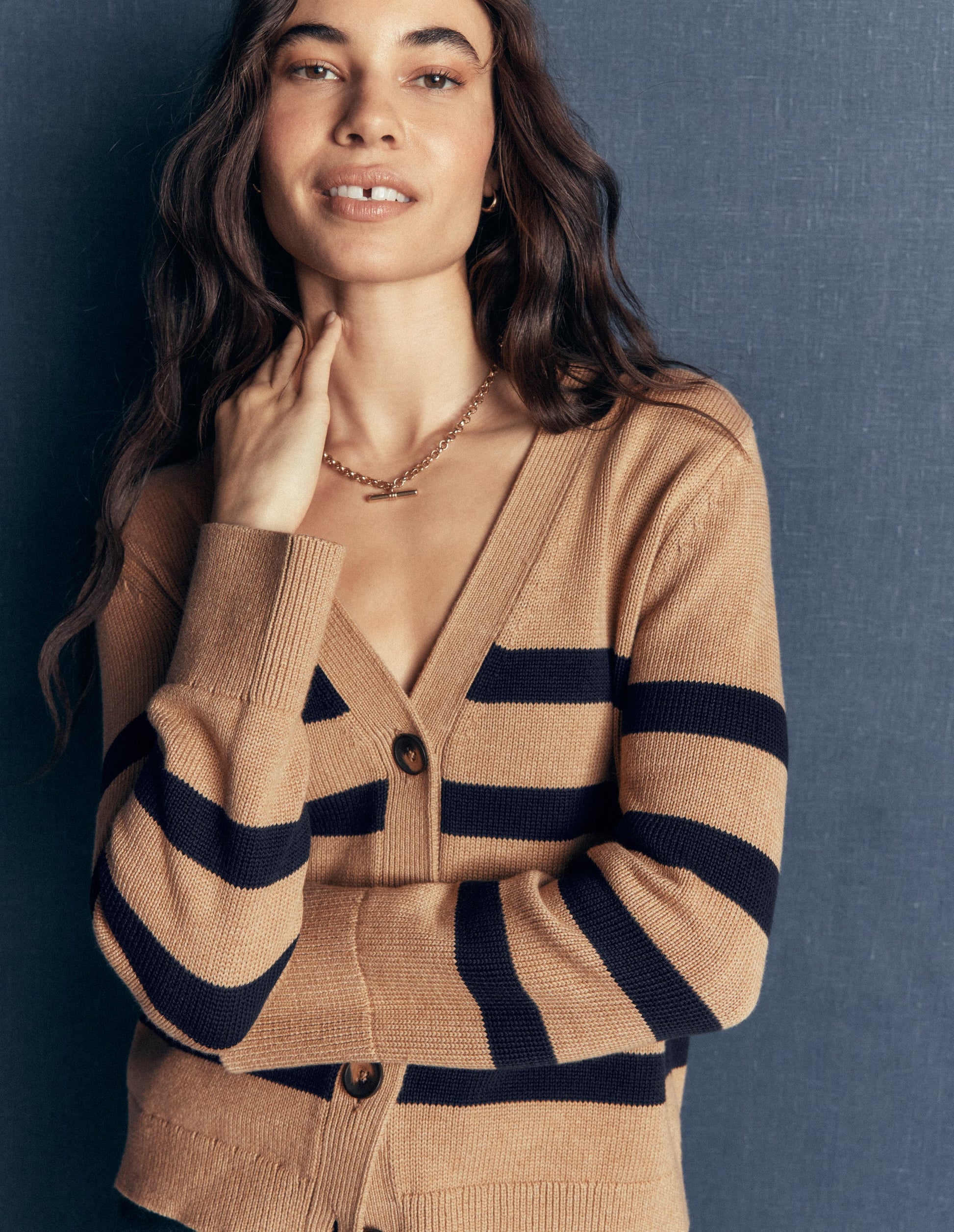 Lucy Relaxed Cotton Cardigan-Camel Melange, Stripe-3