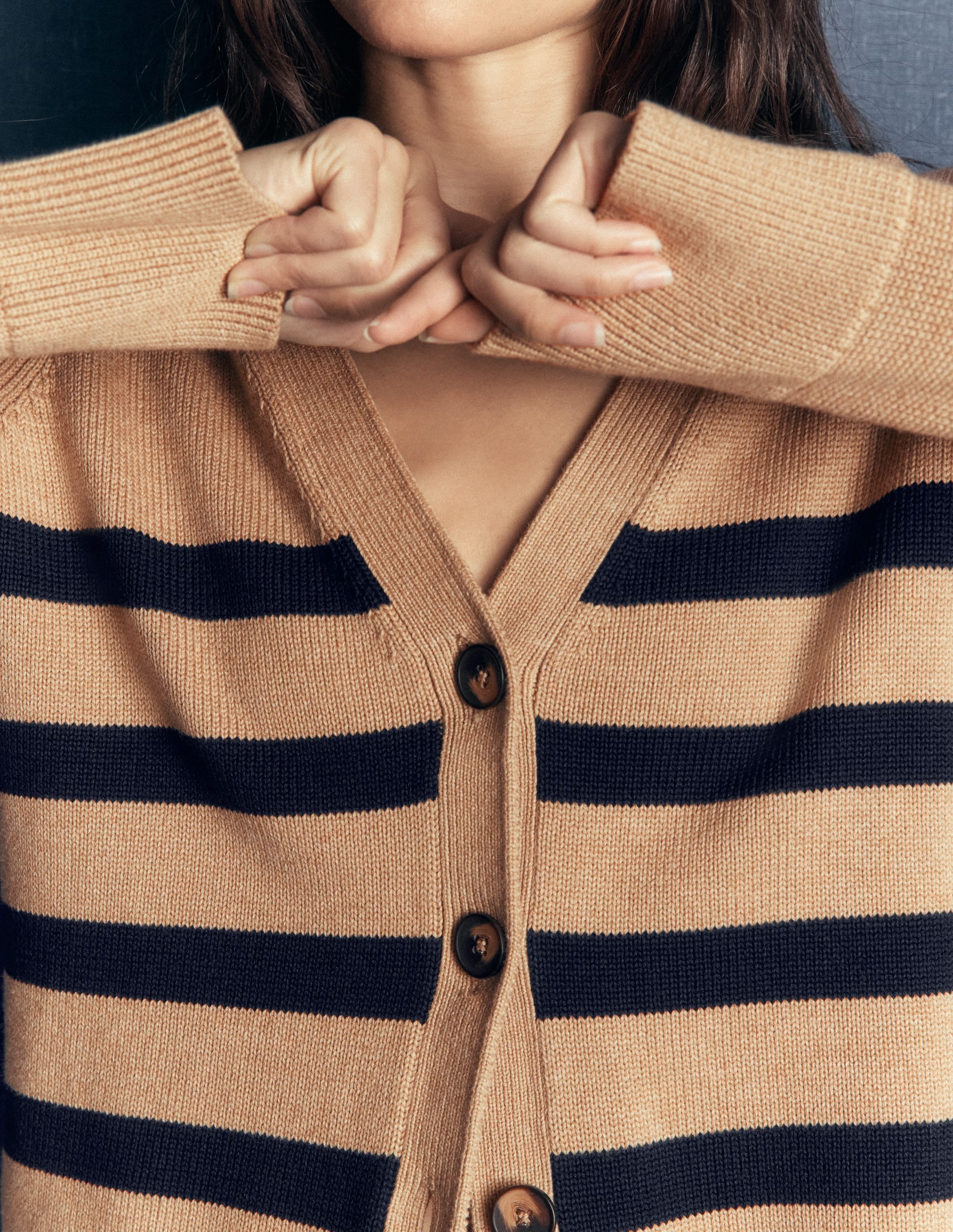 Lucy Relaxed Cotton Cardigan-Camel Melange, Stripe - Image 4