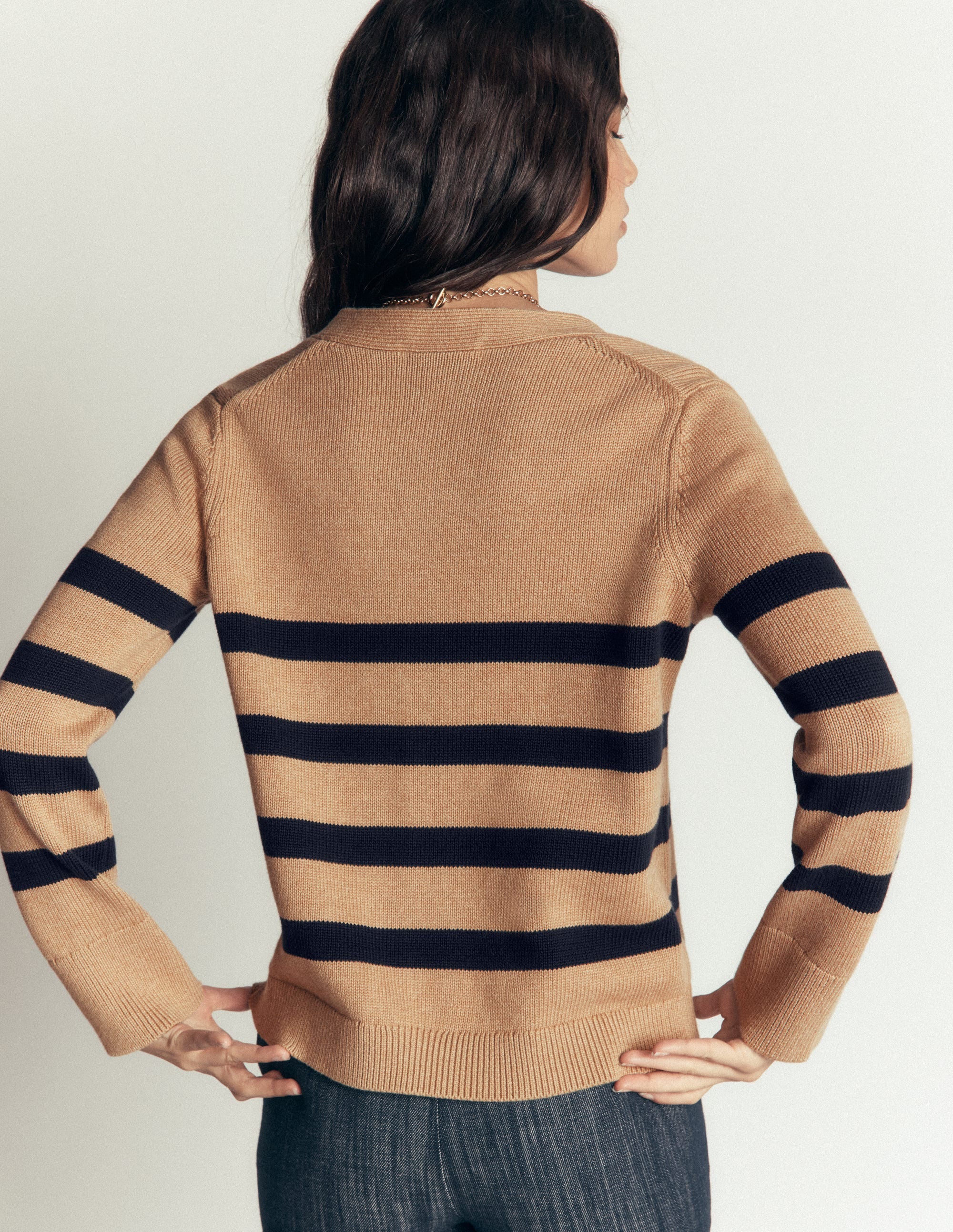 Lucy Relaxed Cotton Cardigan-Camel Melange, Stripe - Image 2