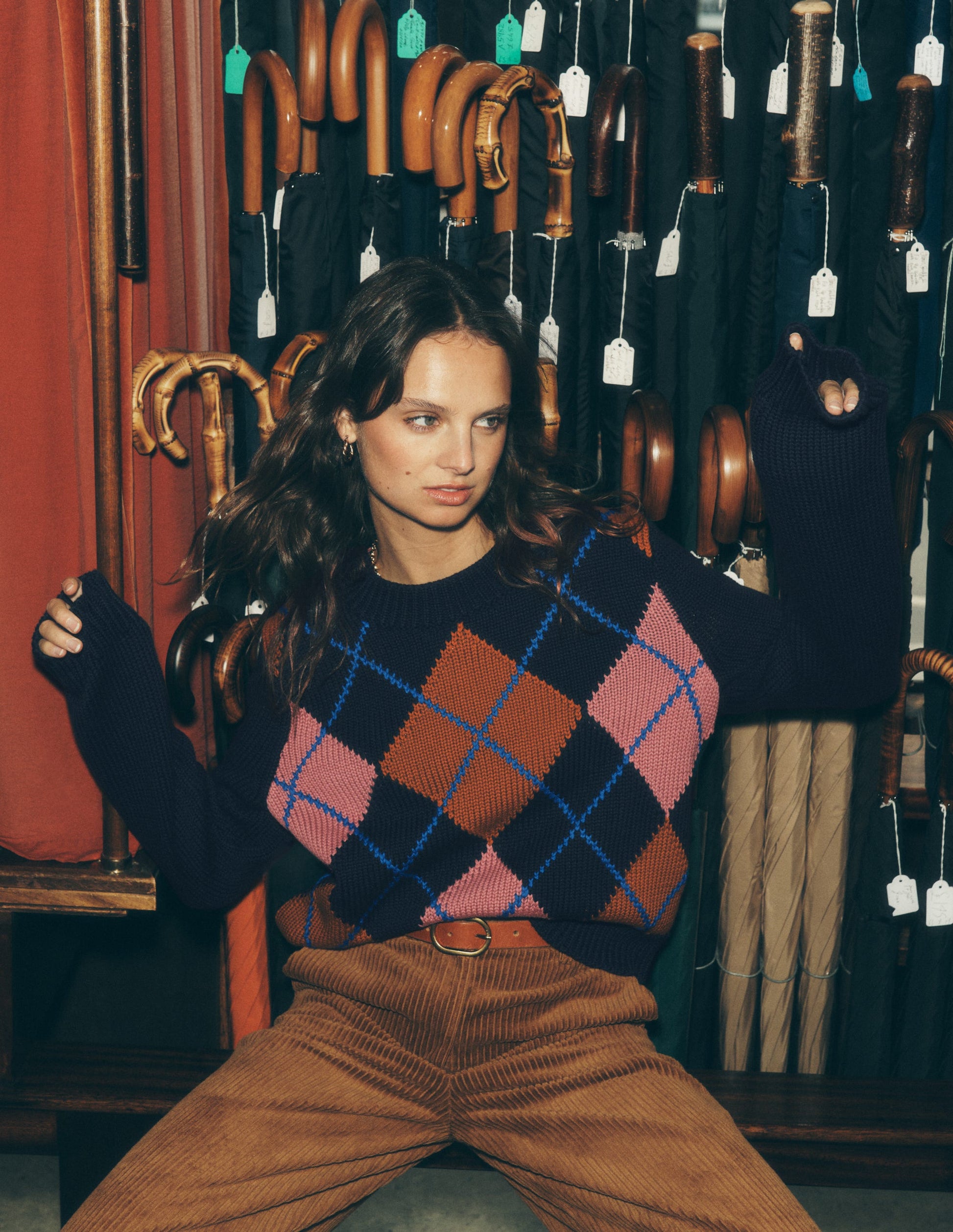 Lucy Chunky Cotton Sweater-navy, pink and brown argyle-1
