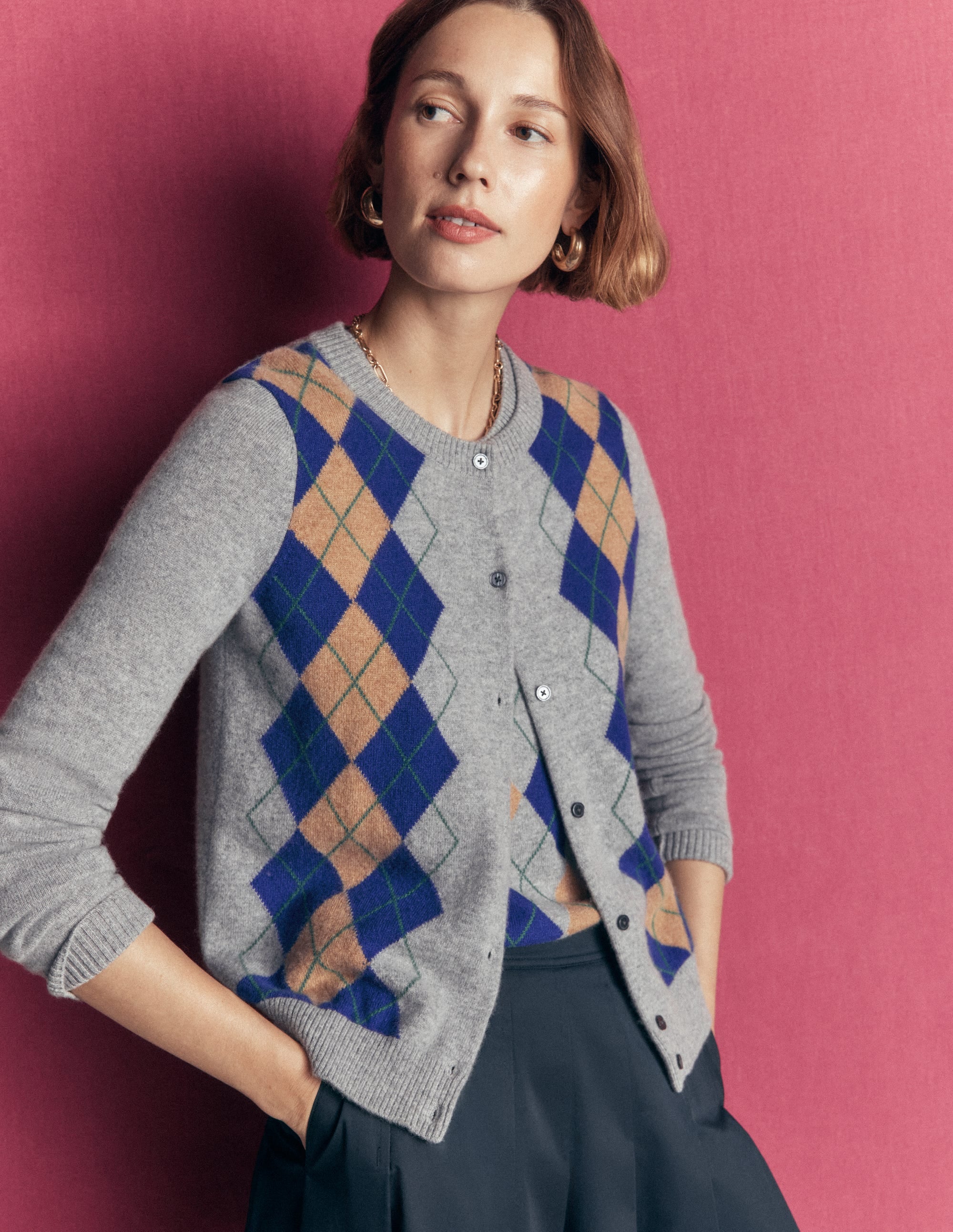 Elsie Cashmere Crew Cardigan-Grey Argyle - Image 1