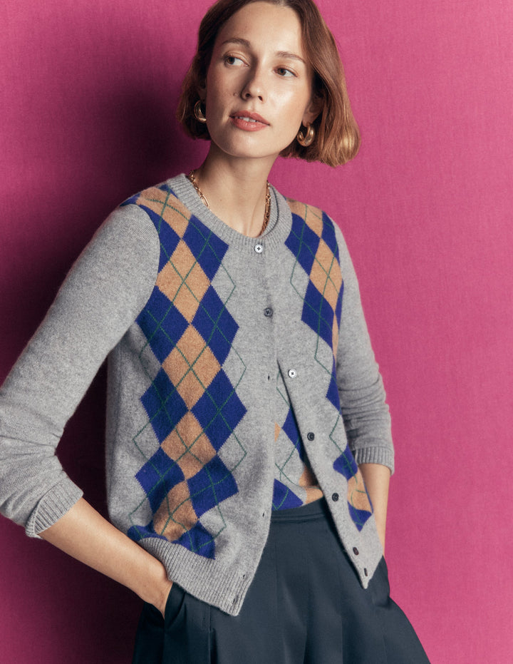 Elsie Cashmere Crew Cardigan-Grey Argyle
