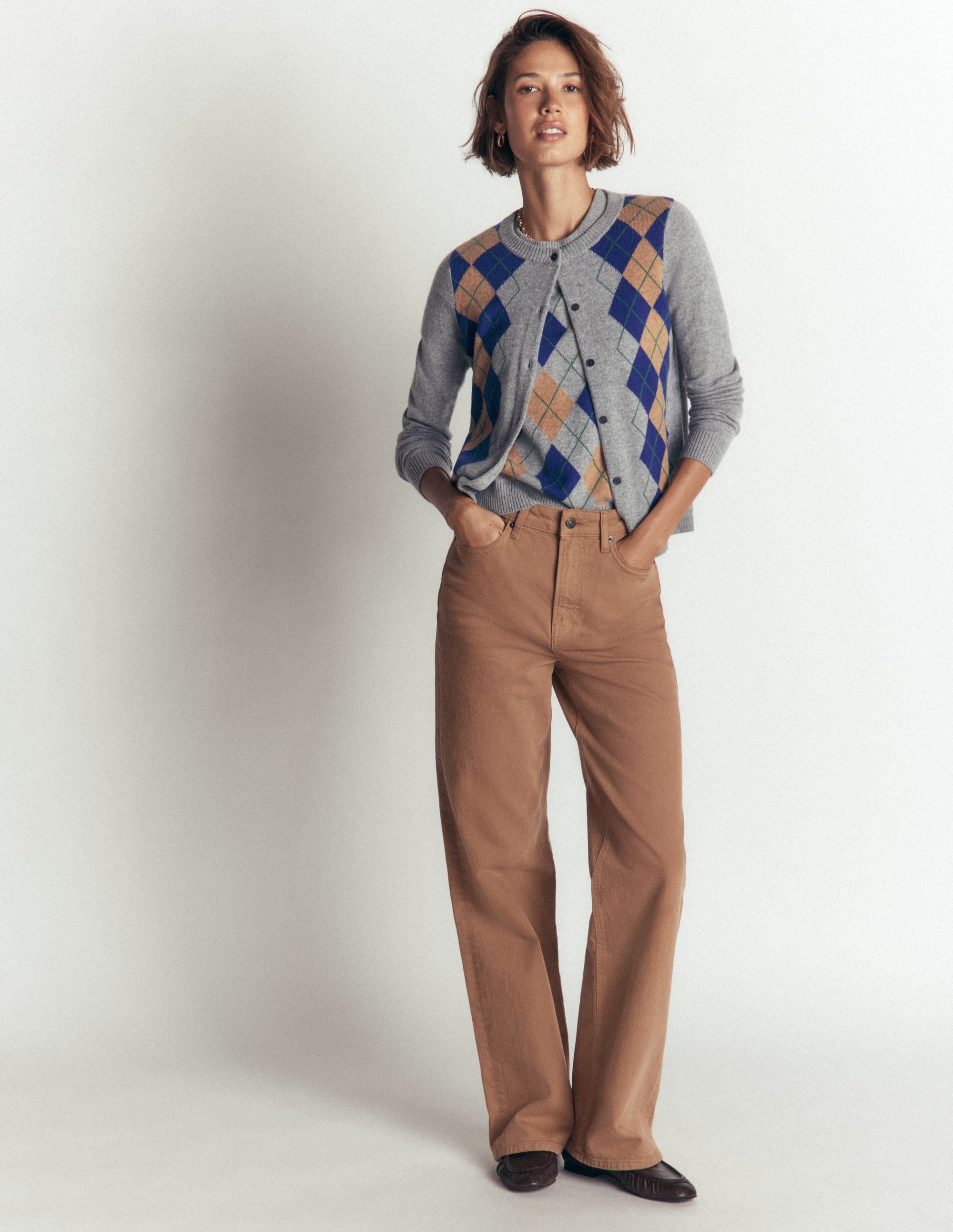 Elsie Cashmere Crew Cardigan-Grey Argyle - Image 4
