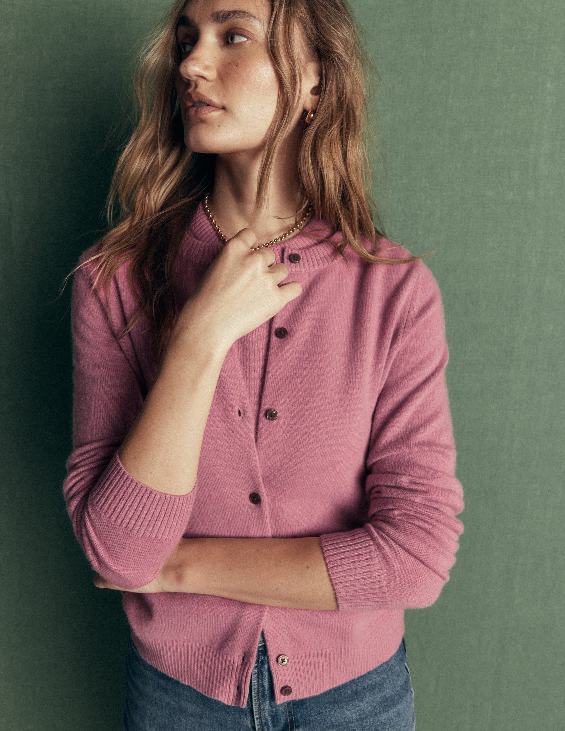 Elsie Cashmere Crew Cardigan-Pink Heather-1