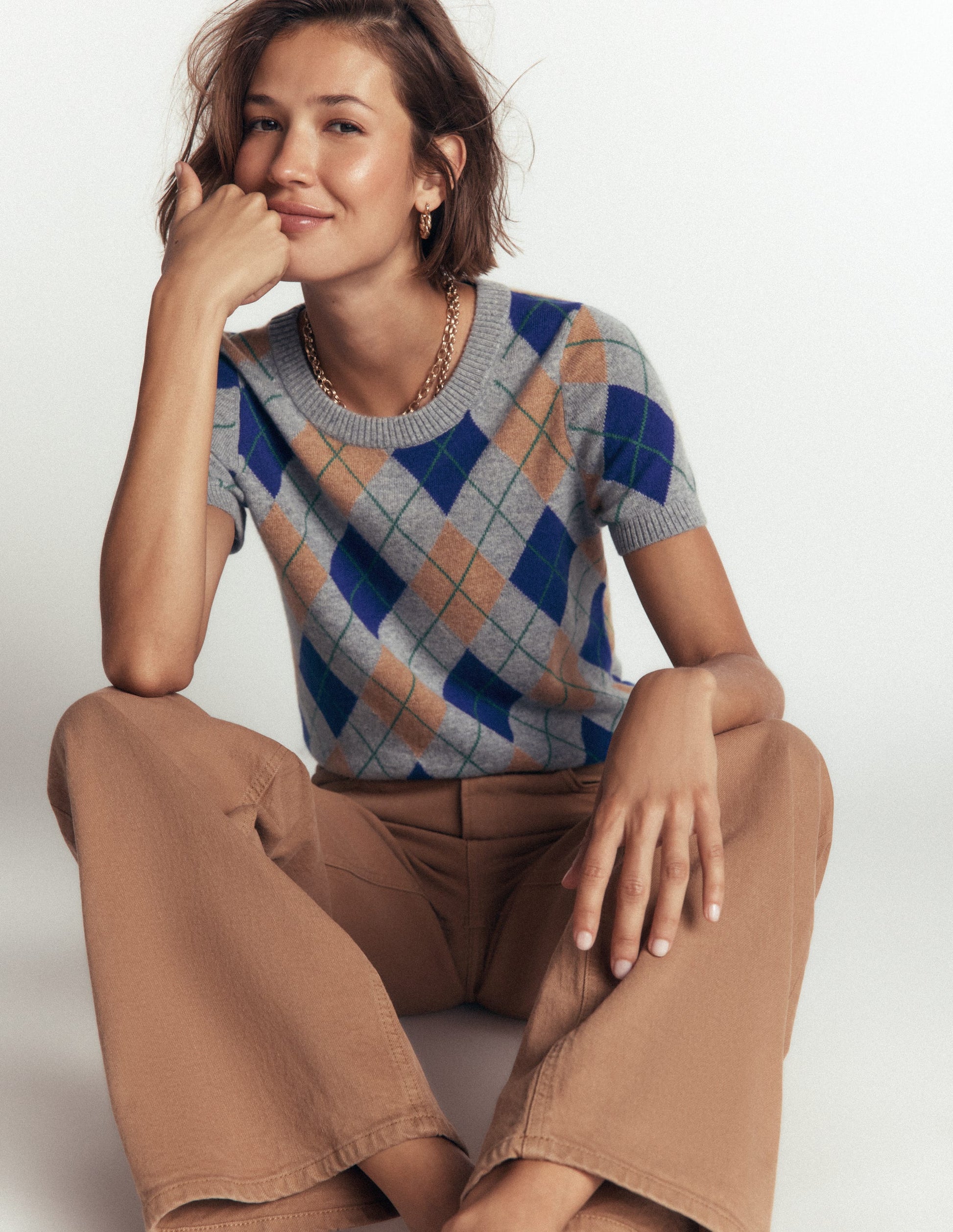 Elsie Cashmere Crew T-shirt-Grey, Argyle-1