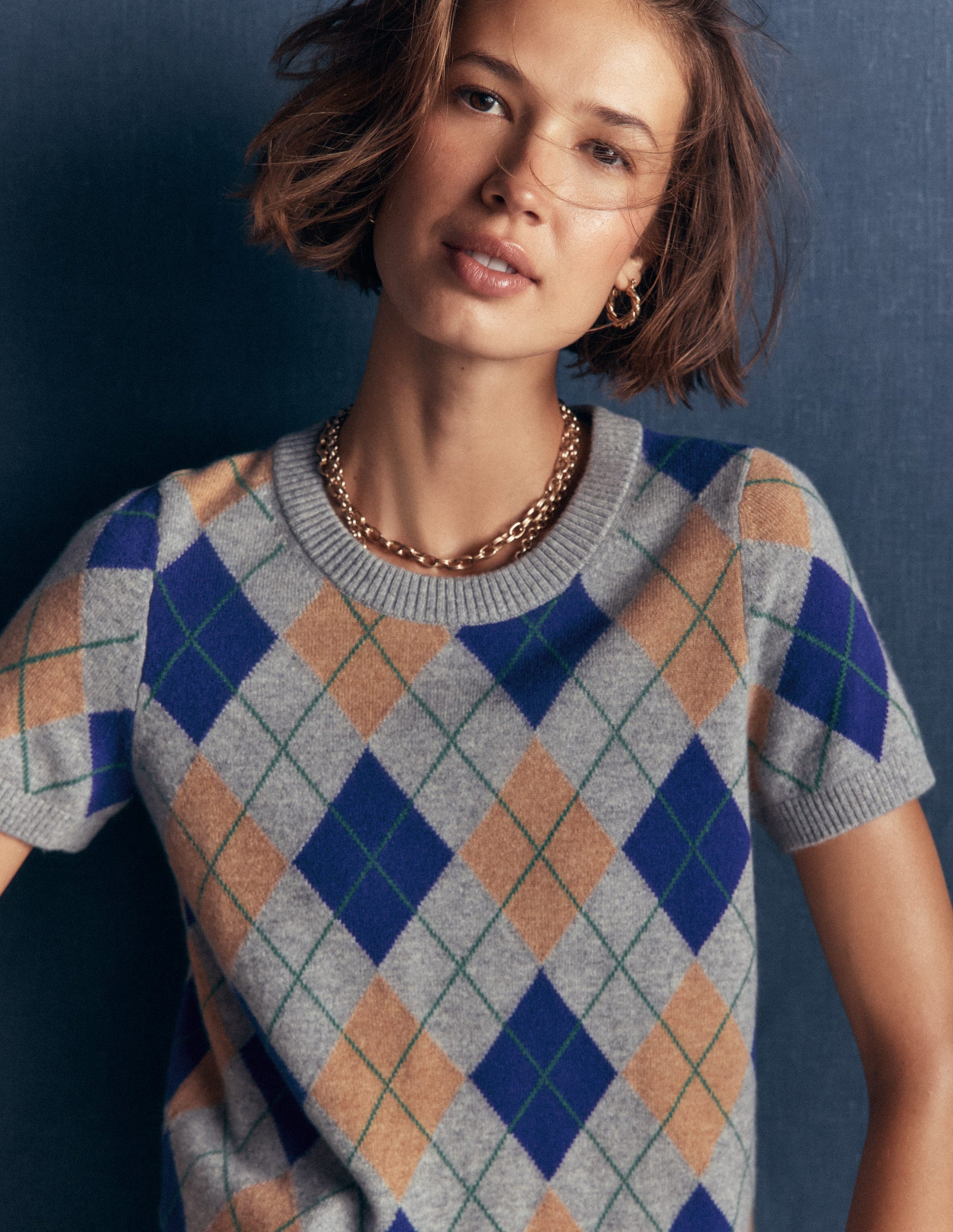 Elsie Cashmere Crew T-shirt-Grey, Argyle-2